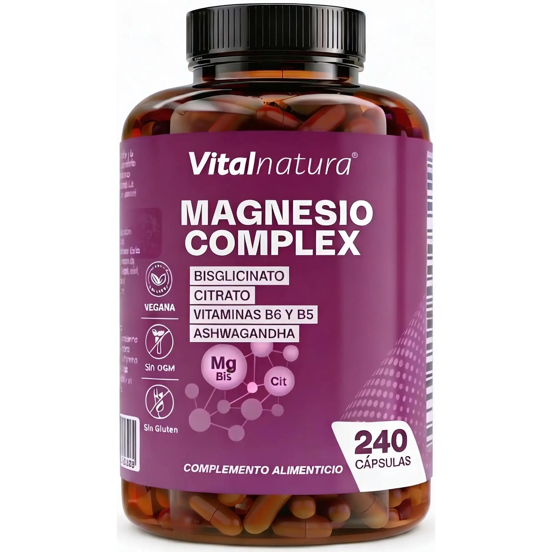 Magnesio Complex Vitalnatura con Citrato y Bisglicinato + Ashwagandha y Vitaminas B5 y B6 – (240 Cápsulas)