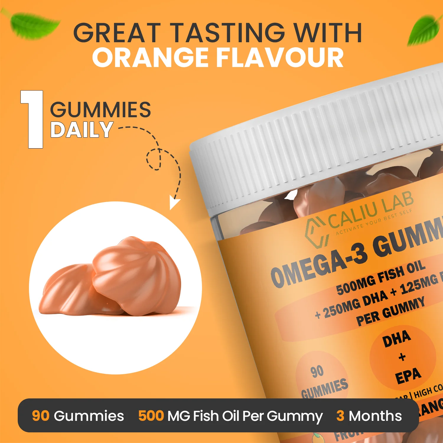 Omega-3 gummies +500 mg fish oil +250 mg dha +125 mg epa - brain, eye, cardiovascular health - orange flavor - 90 gummies - 3 months - maximum concentration of omega 3 fatty acids epa and dha #5