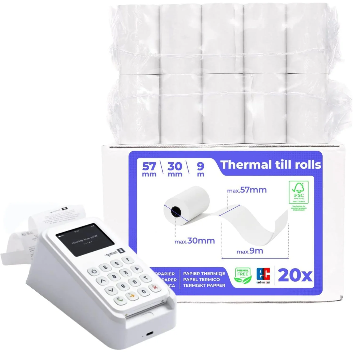 Fabrisa - 20x Rollos Papel Térmico 57x30x12 mm para Todos Los TPV (Datafono) e Impresoras Térmicas - Rollo Papel Térmico 57mm Ideal para Máquinas de Tarjetas de Crédito (20 Rollos)