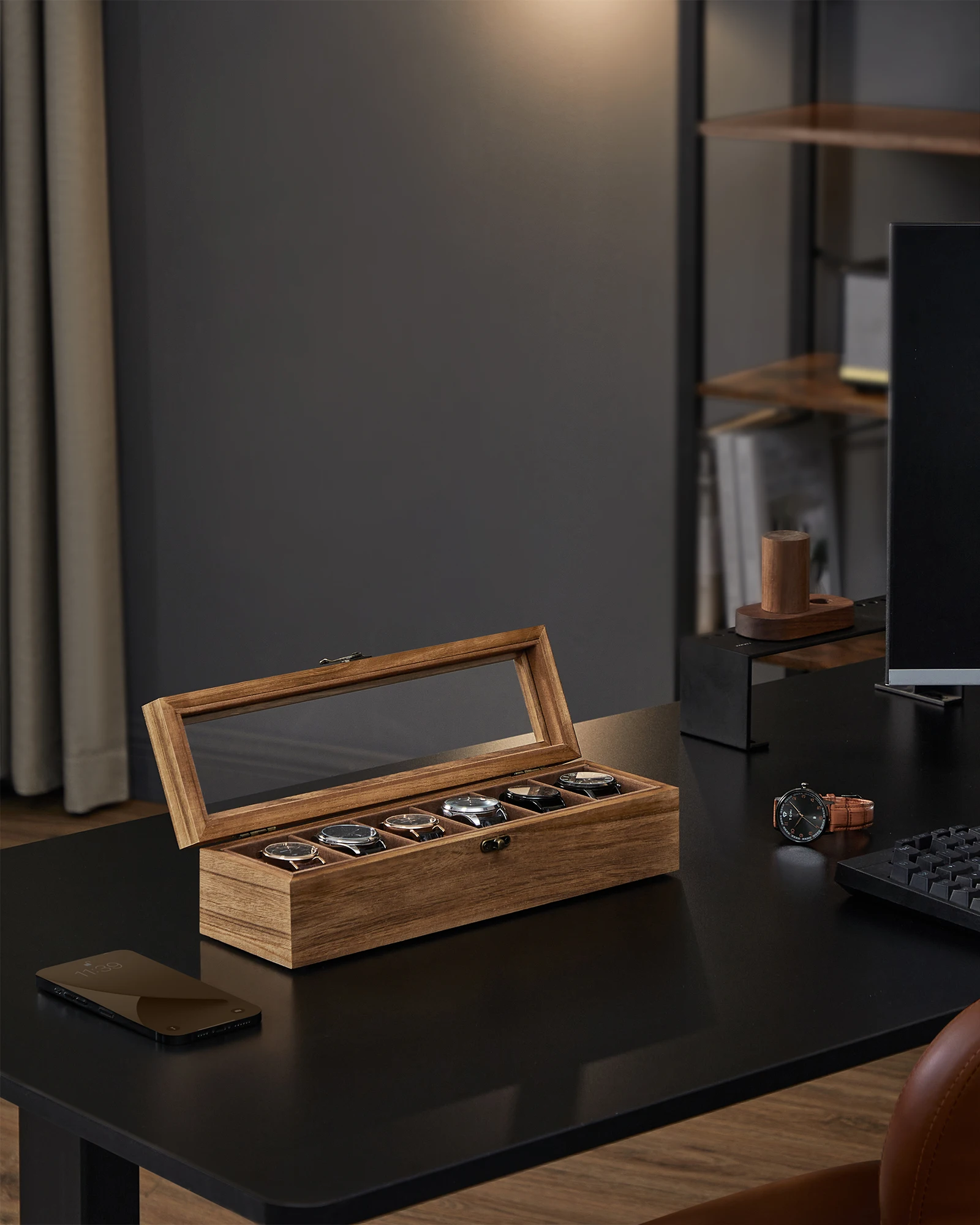 Songmics watch box with 6 compartments, solid wood watch box, with glass lid, watch cushion, gift for loved ones, rustic walnut, christmas gift #2