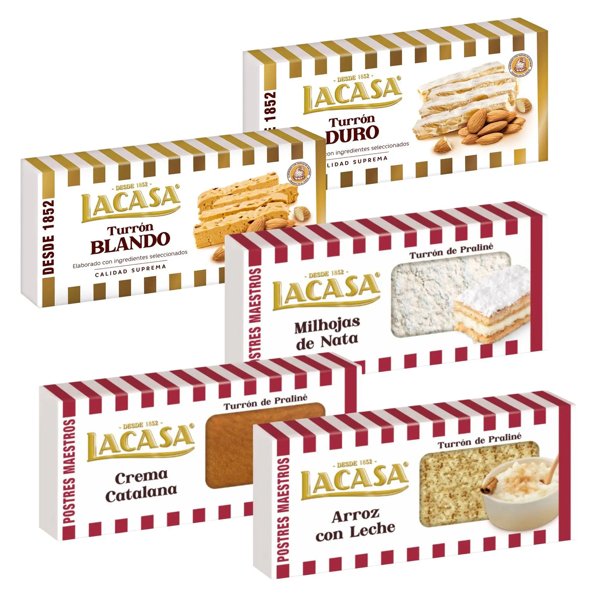 Turrones Lacasa: 5 tabletas de Turron variadas: Blando, Duro , Arroz con leche, Crema Catalana y Milhojas de Nata