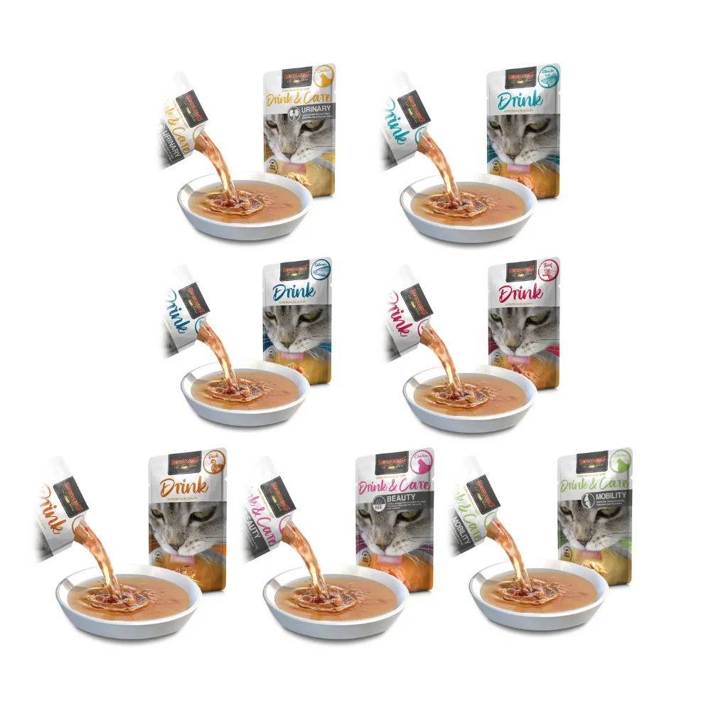Pack 21x40grs variedades Leonardo Drink (Ternera, Pato, Salmón, Bacalao, Mobility, Urinary, Beauty)
