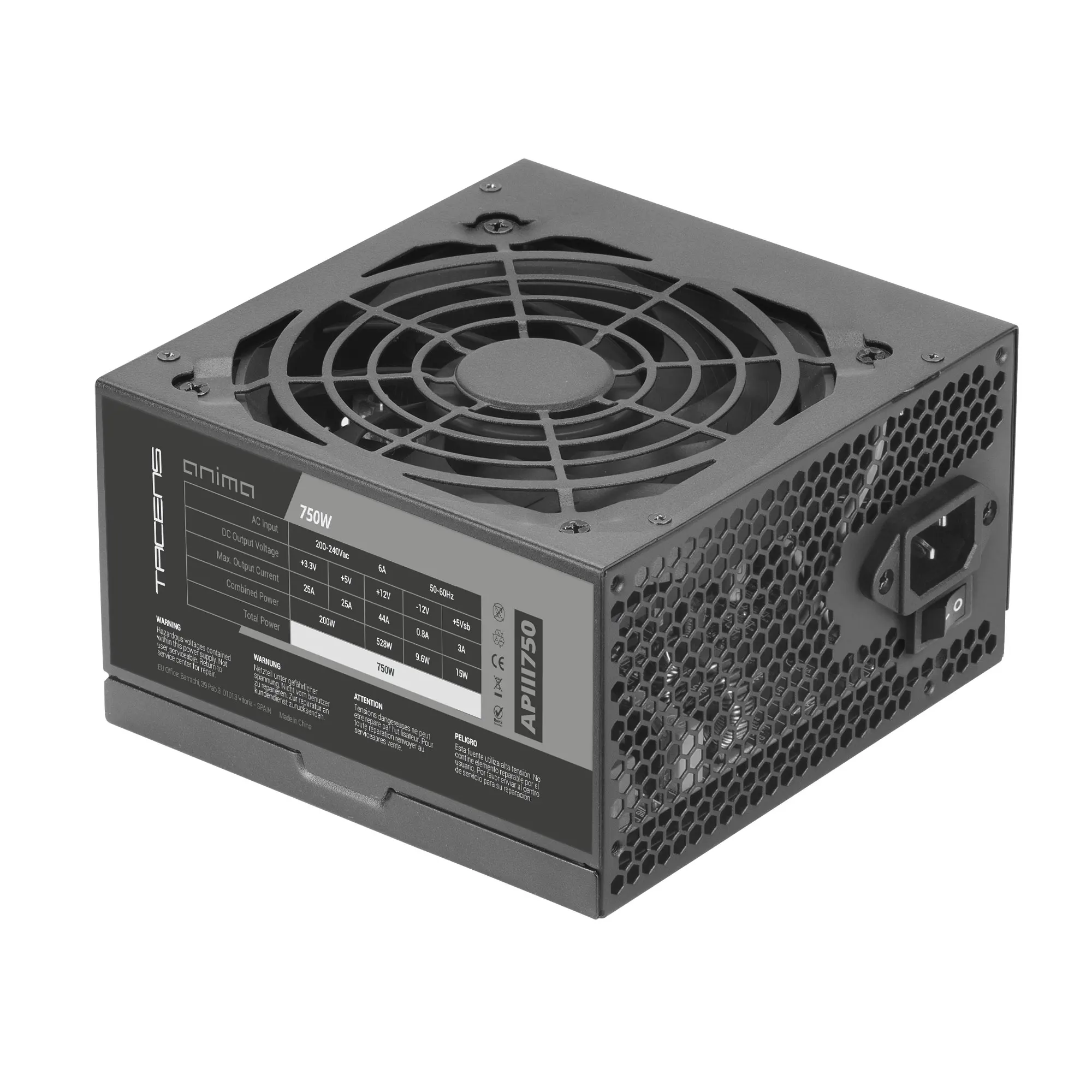 Tacens Anima APIII750, Fuente Alimentación PC ATX 750W, Tecnología SMD 85% Bronze 12V, Ventilador Ultra-silencioso 12cm, Fuente Alimentación PC Negro