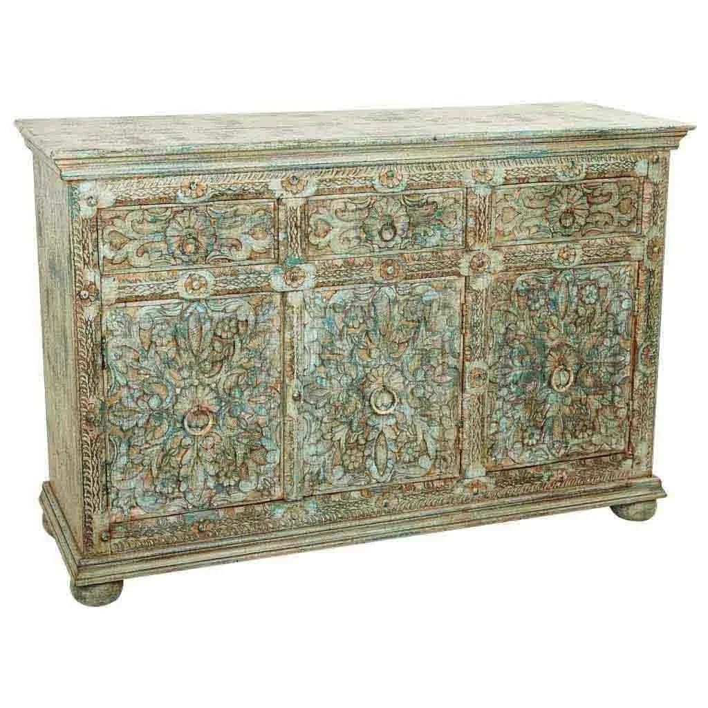 WANDERLUST DECO Aparador de madera tallada verde 147x45x96h cm de estilo Artesanal.Tiene 3 puertas