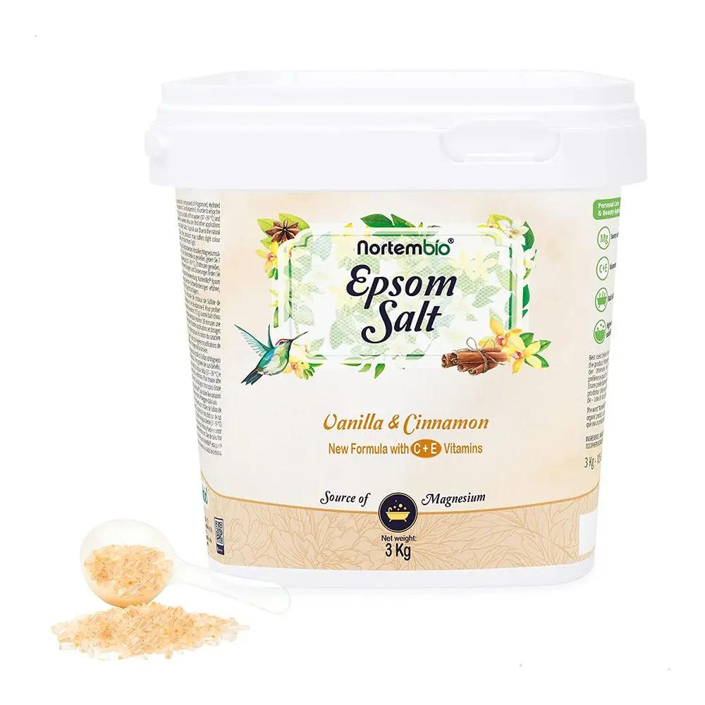 NORTEMBIO Sales de Epsom 100% Fragancia Vainilla y Canela 3Kg | Fuente concentrada de magnesio | Hidratada con Vitamina C y E | E-Book Incluido