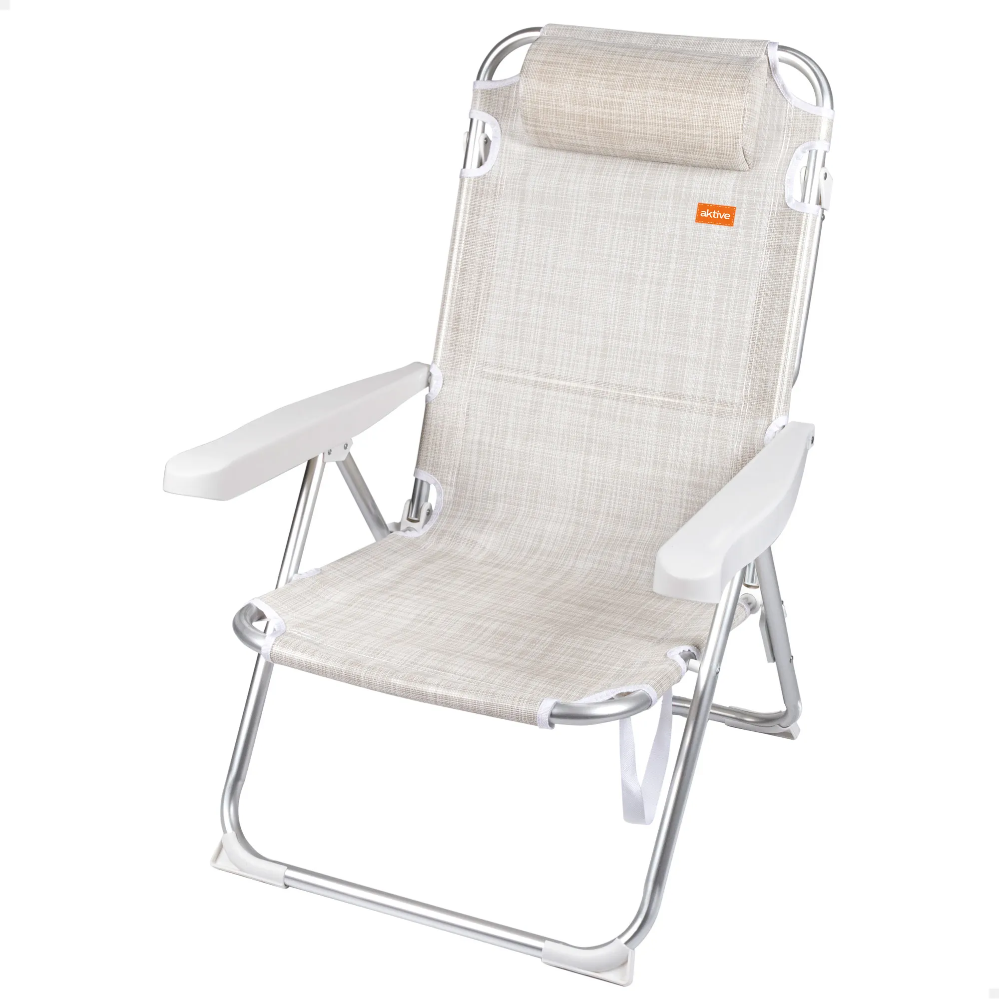 Aktive - Silla playa plegable, 48x60x90 cm, respaldo reclinable 5 posiciones, soporta un peso máximo de 110 kg, topes antivuelco, estructura aluminio, tejido textileno, incluye cojín acolchado,
