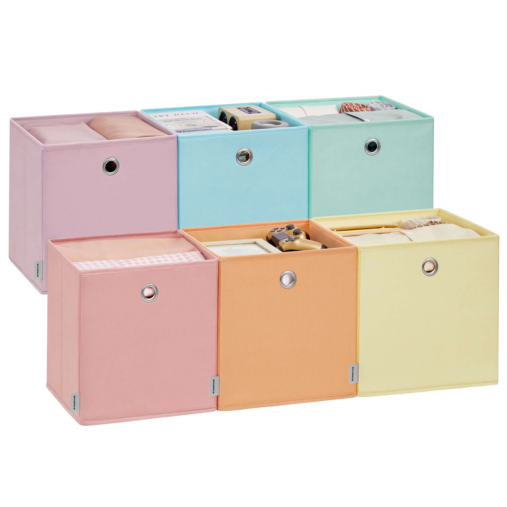 SONGMICS Caja de Almacenaje, Juego de 6, Organizadores Plegables, 30 x 30 x 30 cm, Tela, para Estantería Cúbica, de Colores, Cesta de Almacenaje, para Dormitorio, Salón