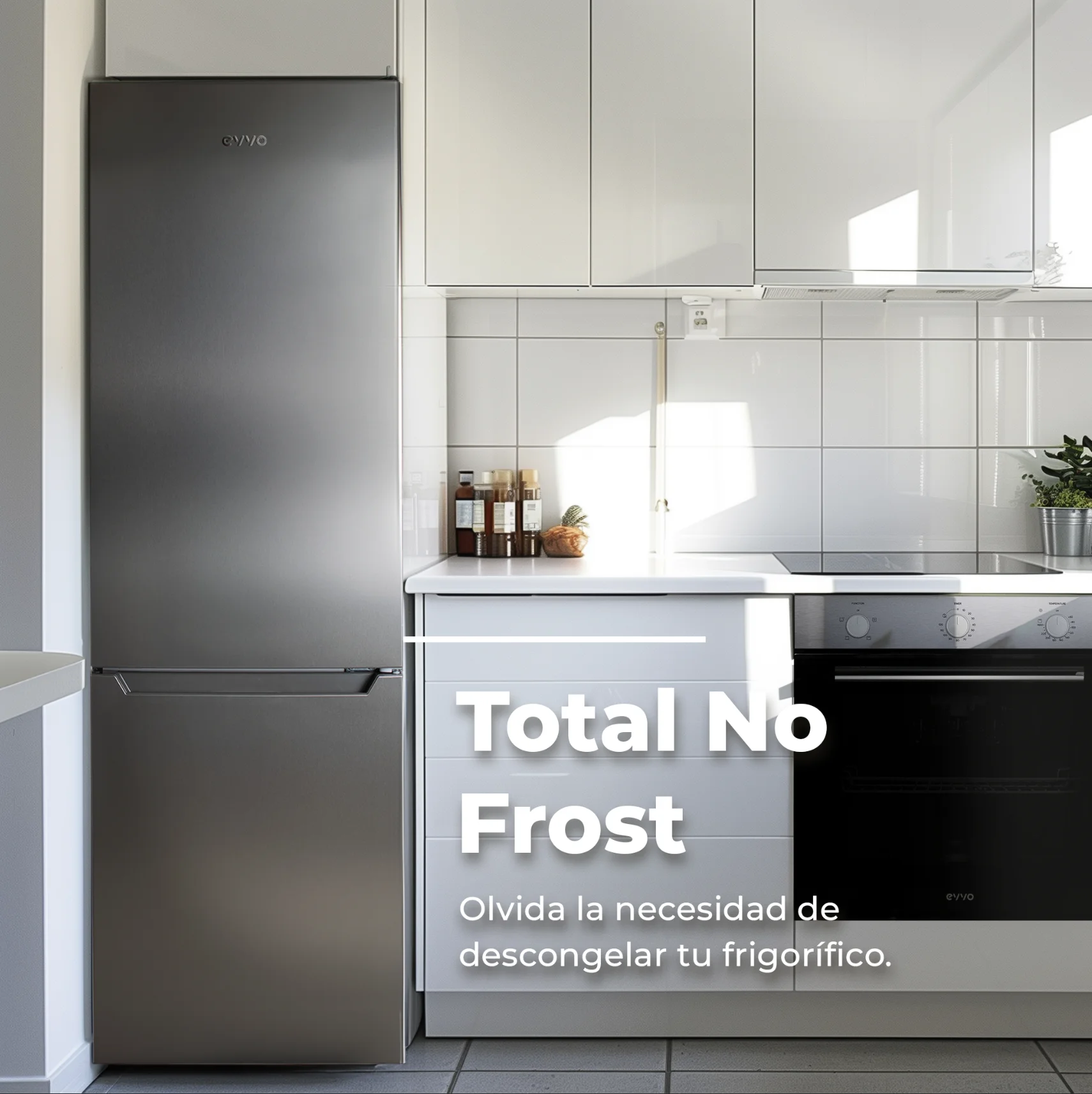 EVVO F52 – High Performance No Frost Combi Refrigerator, 250-300L Capacity, Stainless Steel, Features Inverter Motor for Quiet Operation, Multi Air Flow Cooling, LED Interior Light, ECO Technology, Fast Cooling Function, Energy Efficiency Class E.