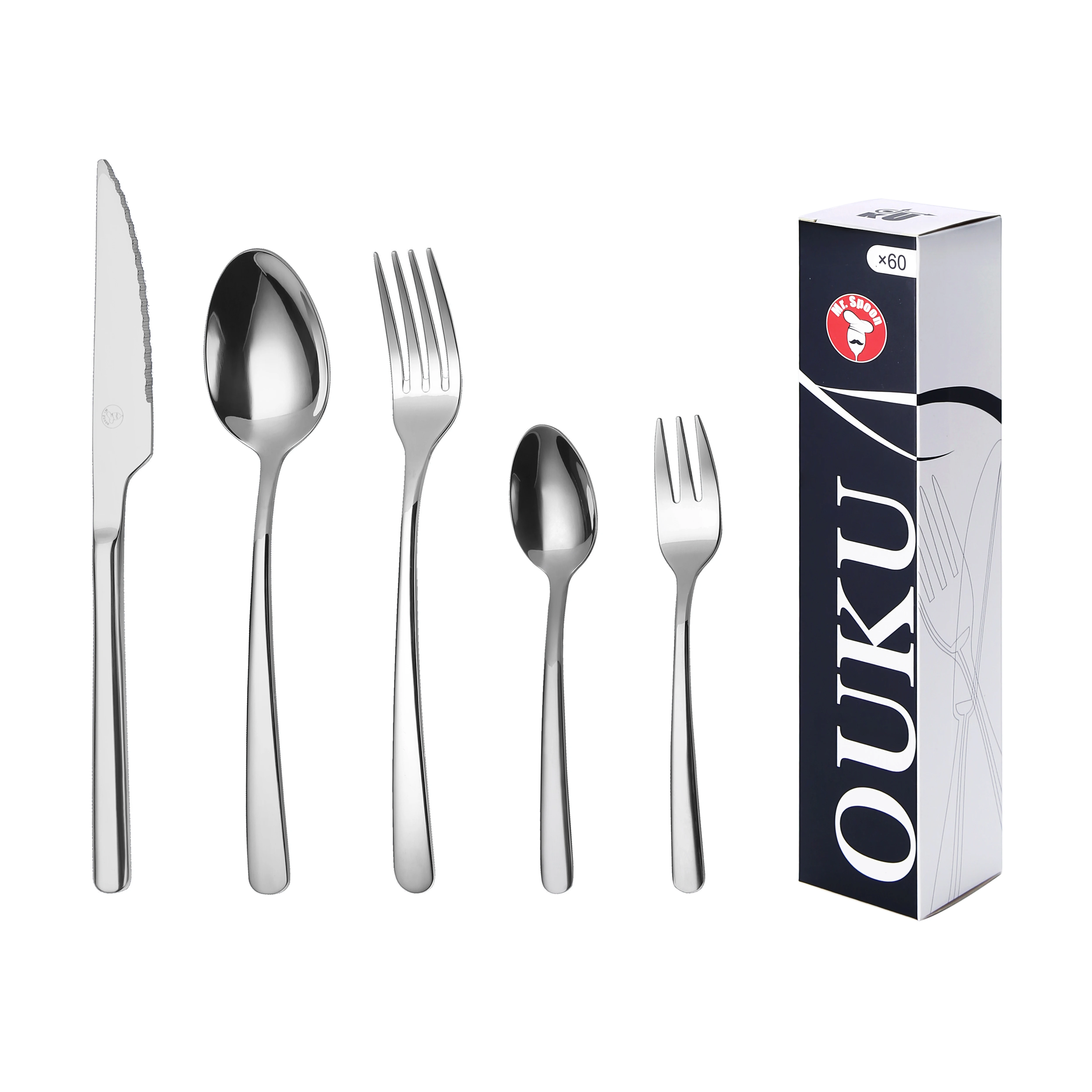 Mr.Spoon Serie Esencia Juego de 60 o 72 piezas cubiertos,Acero Inox 18/0,Económico y funcional,Incluye cuchillo de carne o mesa,tenedor,cuchara,cucharilla,etc,Mango monobloque,Apto para