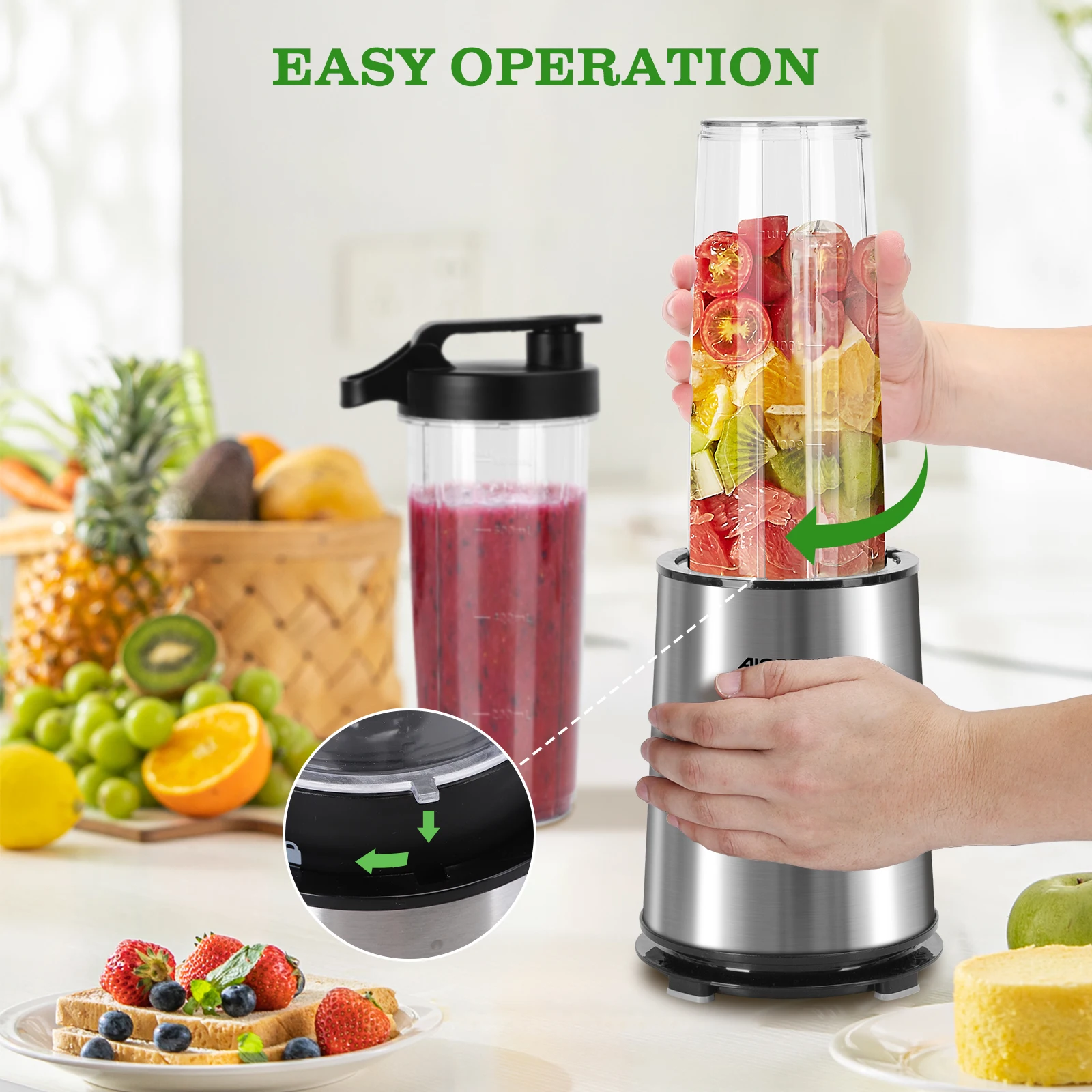 Aigostar Glass Blender - Portable 600W High Power Mixer with 800ml Jug, Stainless Steel, BPA Free, Ideal for Smoothies and Juices. #5