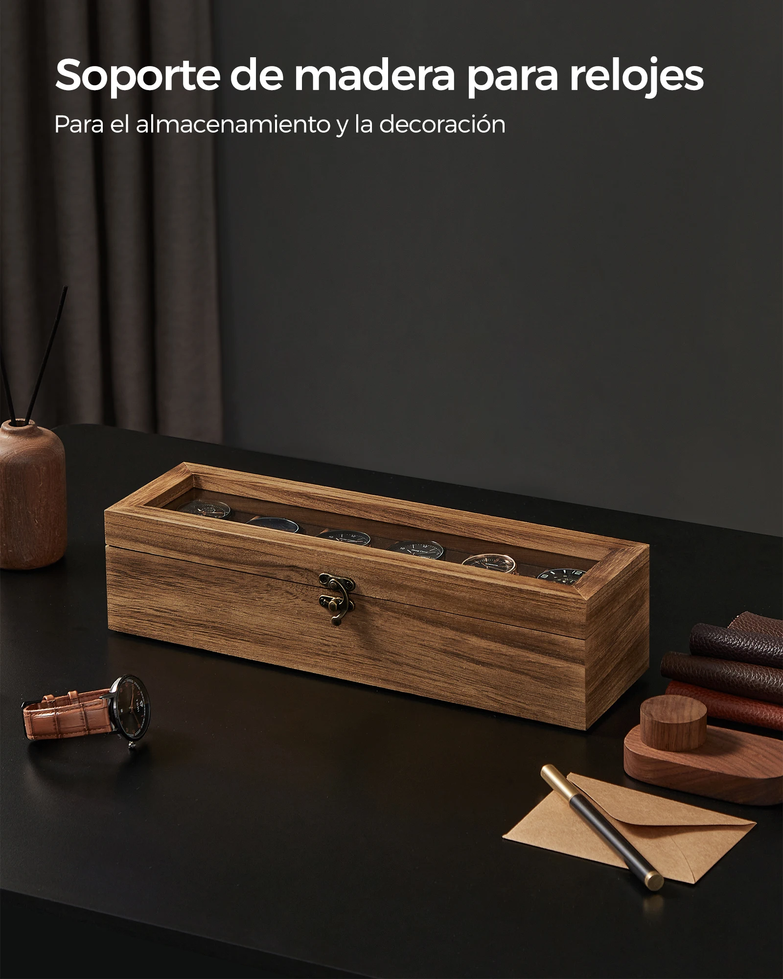 Songmics watch box with 6 compartments, solid wood watch box, with glass lid, watch cushion, gift for loved ones, rustic walnut, christmas gift #7