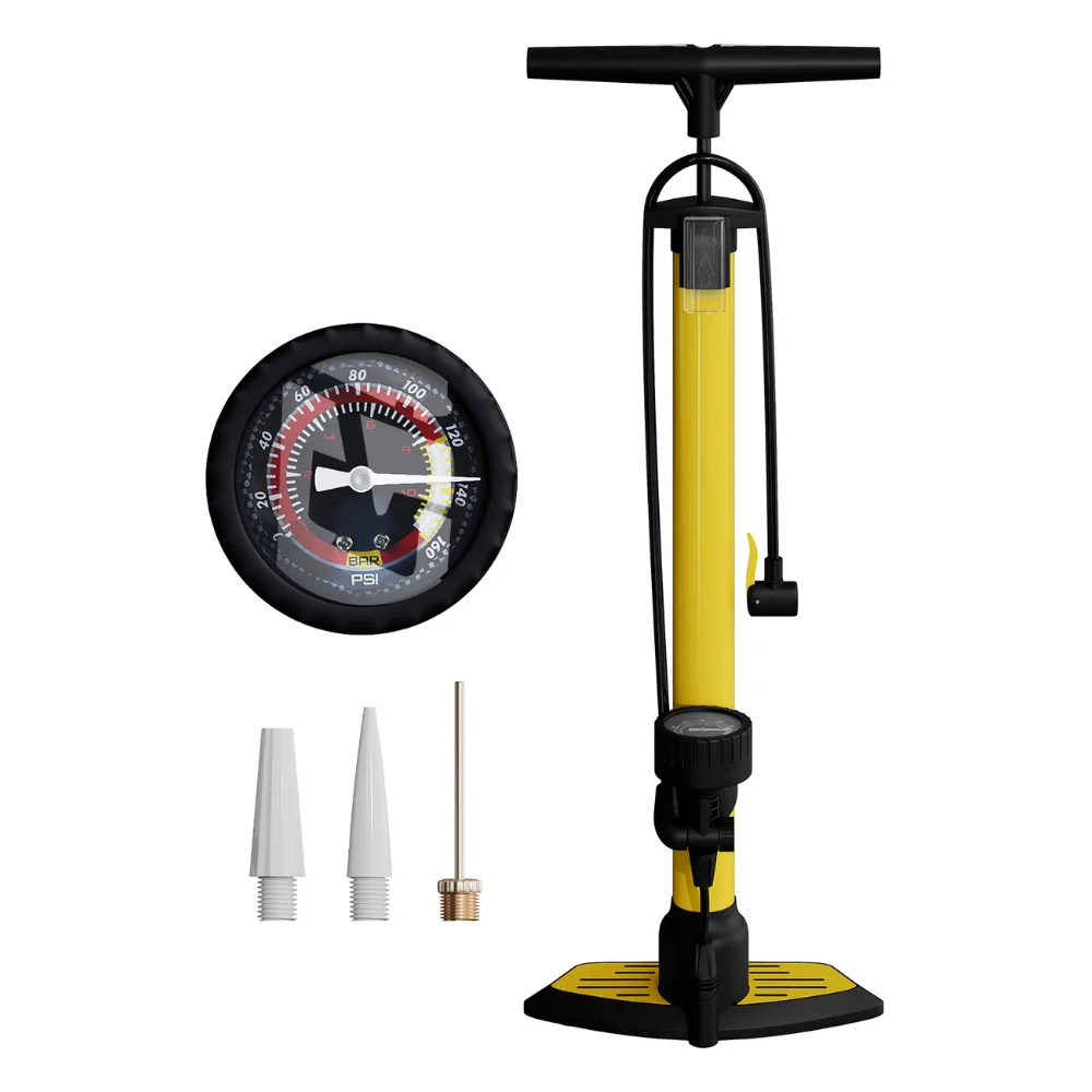 UNYCOS Bomba de Aire con Manómetro para Válvulas Presta y Schrader (160 PSI/11 Bar) Inflador de Pie Portátil para Neumáticos, Balones y Juegos Inflables