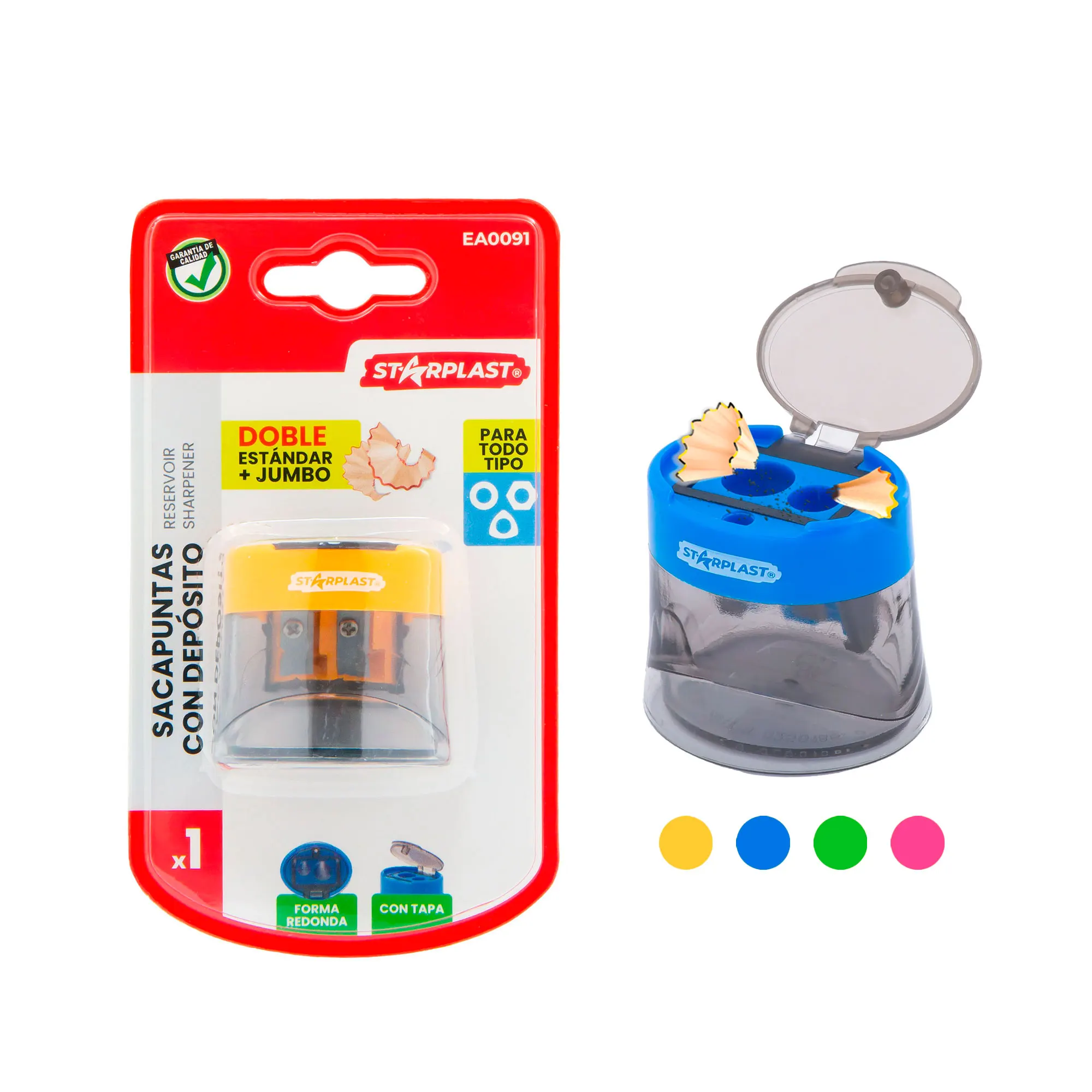 Sacapuntas Depósito Starplast - 4 Colores Básicos, Doble Agujero