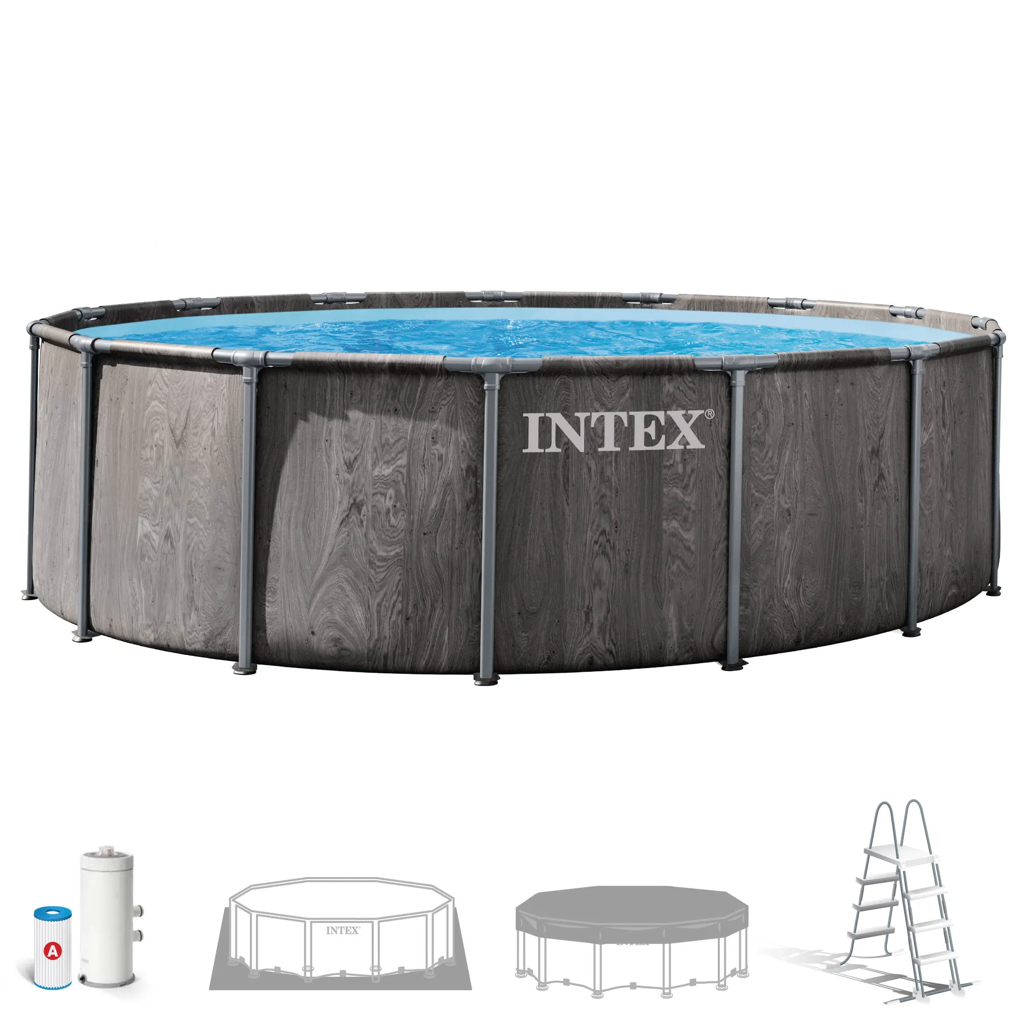 INTEX - Piscina desmontable redonda, Greywood Prism Frame Premium, lona triple capa, estructura metálica anticorrosión, depuradora de cartucho, escalera desmontable, tapiz protector, cobertor,