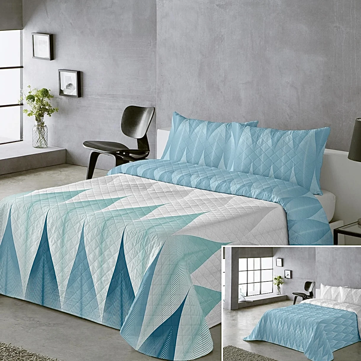 Juego de Cubrecama Azul Marino Reversible - Diseño Hoja Degradé en Blanco + Azul Sólido |135cm/150cm (2 Fundas) | Incluye Fundas de Almohada Bicolor