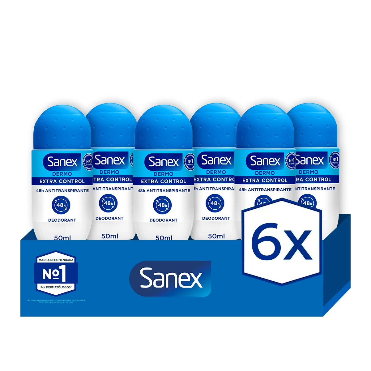 Desodorante roll-on Sanex Dermo Extra Control 48h 50ml Pack de 6 | Protección Antitranspirante con Micro Talco. Mantén la piel seca, fresca y protegida.