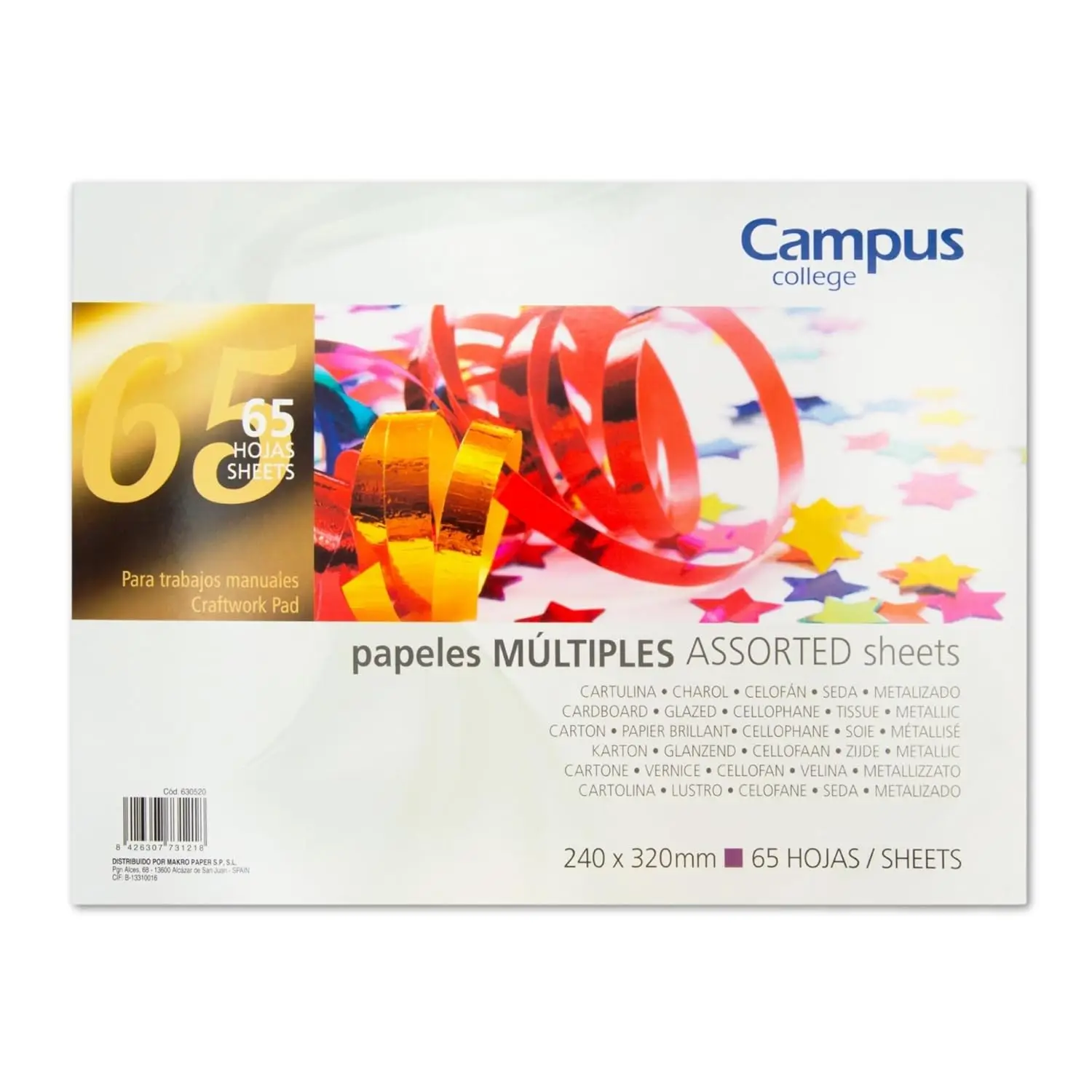Campus – Bloc de Papeles Surtidos para Manualidades, Cuaderno Multipapeles de 65 Hojas, Incluye Cartulina, Papel Charol, Papel Celofán, Papel Seda y Papel Metalizado para Manualidades (240 x 320 mm)