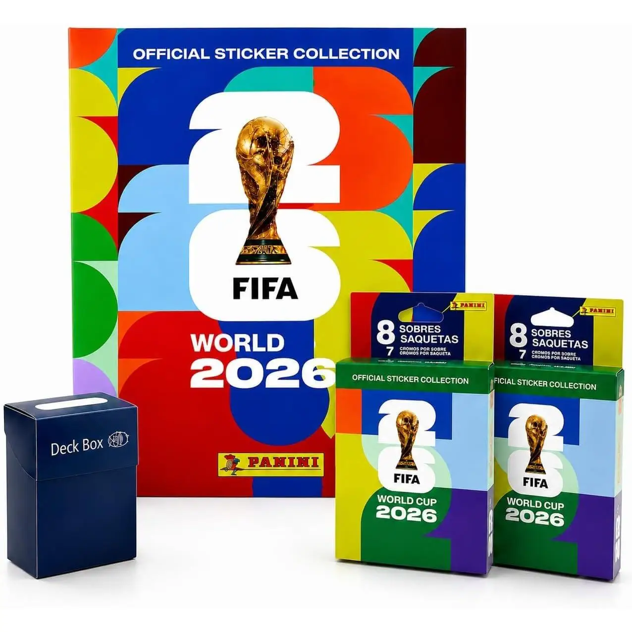 Pack Álbum y 16 sobres Oficial Mundial Panini FIFA World Cup 2026, y Deck Box de Regalo, Colección Oficial de Cromos