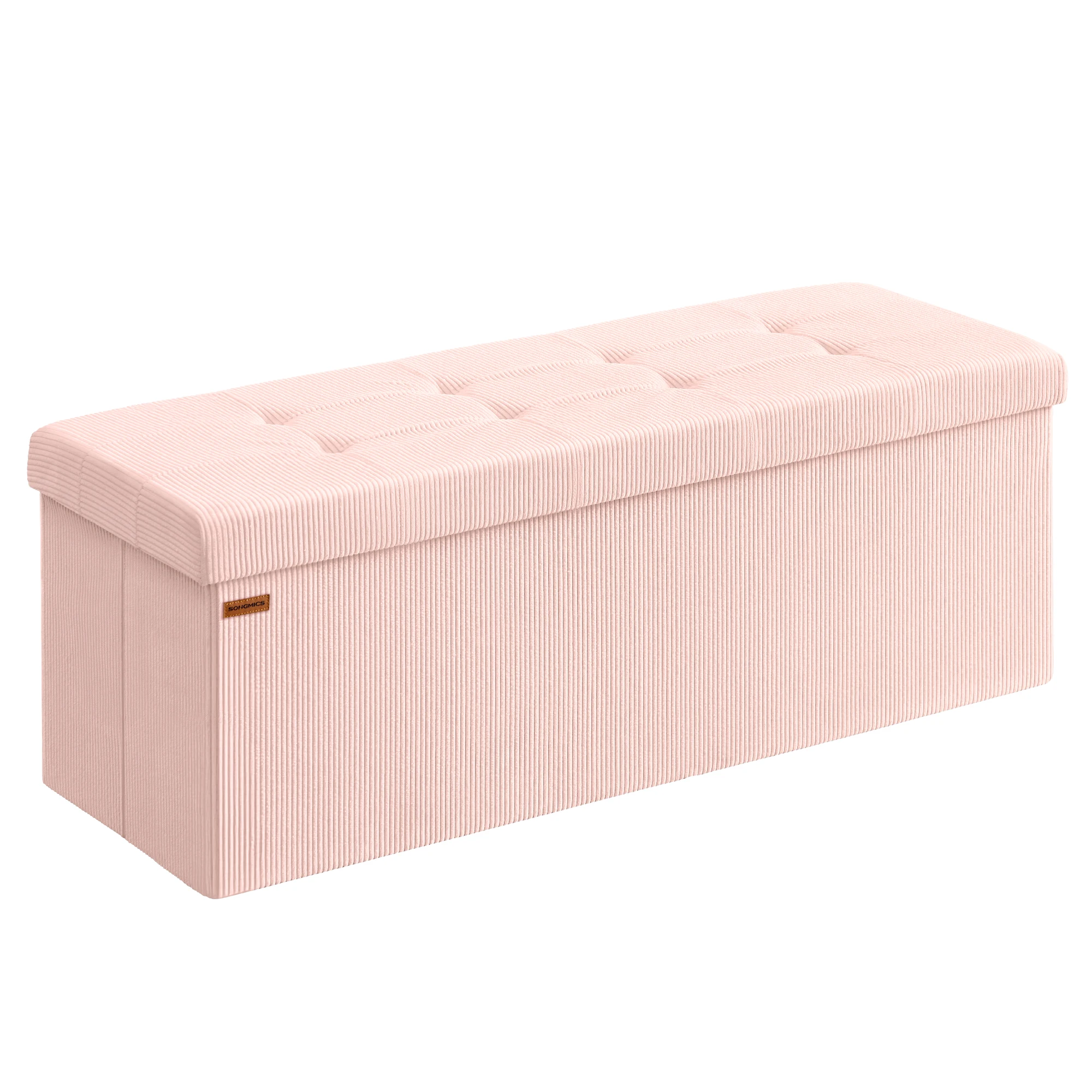 SONGMICS Puff Almacenaje, Baúl de Almacenaje Plegable, 38 x 110 x 38 cm, Taburete Reposapiés, Banco de Cama, Soporta hasta 300 kg, para Sala de Estar, Dormitorio, Entrada, Rosa Jalea/Blanco Crema
