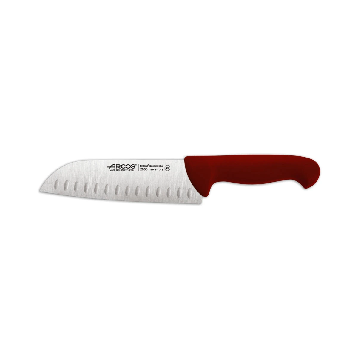 Cuchillo Santoku Arcos 2900- Prof con Alveolos de Acero Inoxidable Nitrum y Mango Ergonómico de Polipropileno Rojo