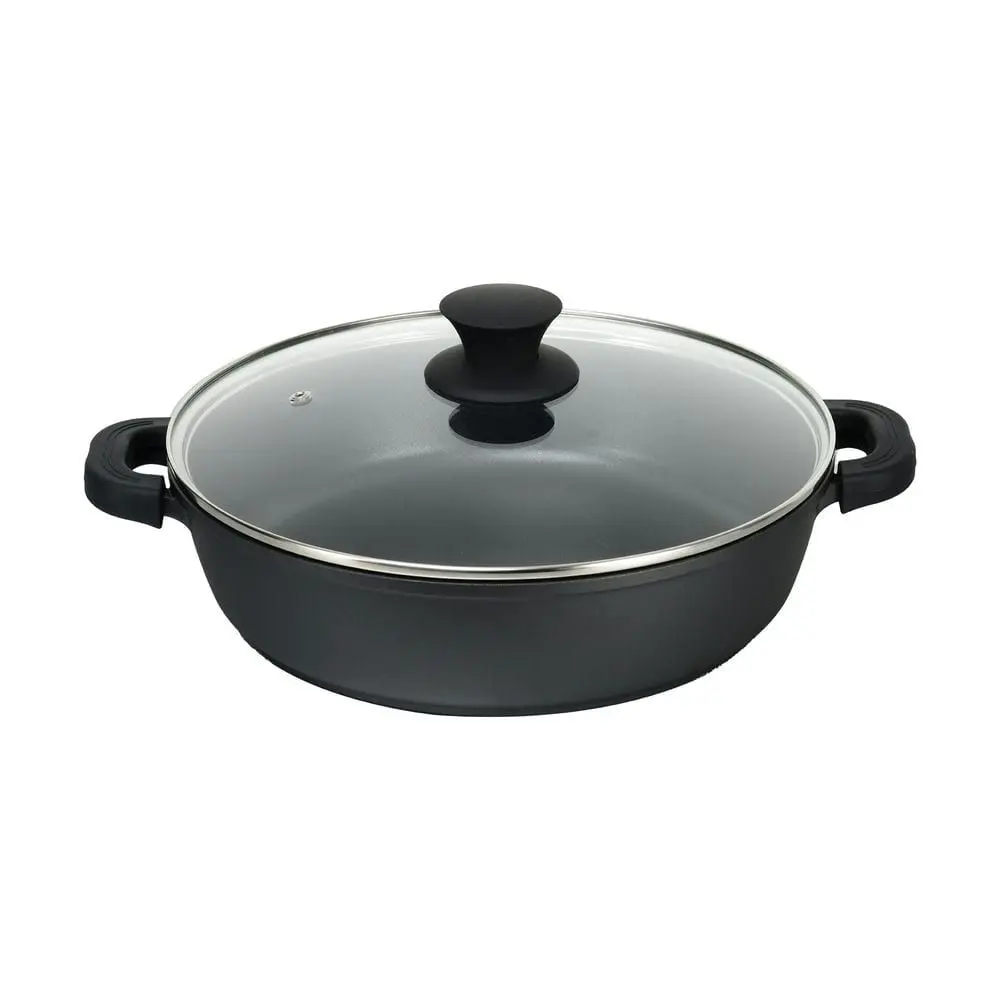 Cacerola Aluminio fundido black baja xylan - Asas con protector de silicona - Tapa de cristal - Adecuada para vitrocerámica, gas, eléctrica, inducción - Rápida y fácil de limpiar, adecuada para