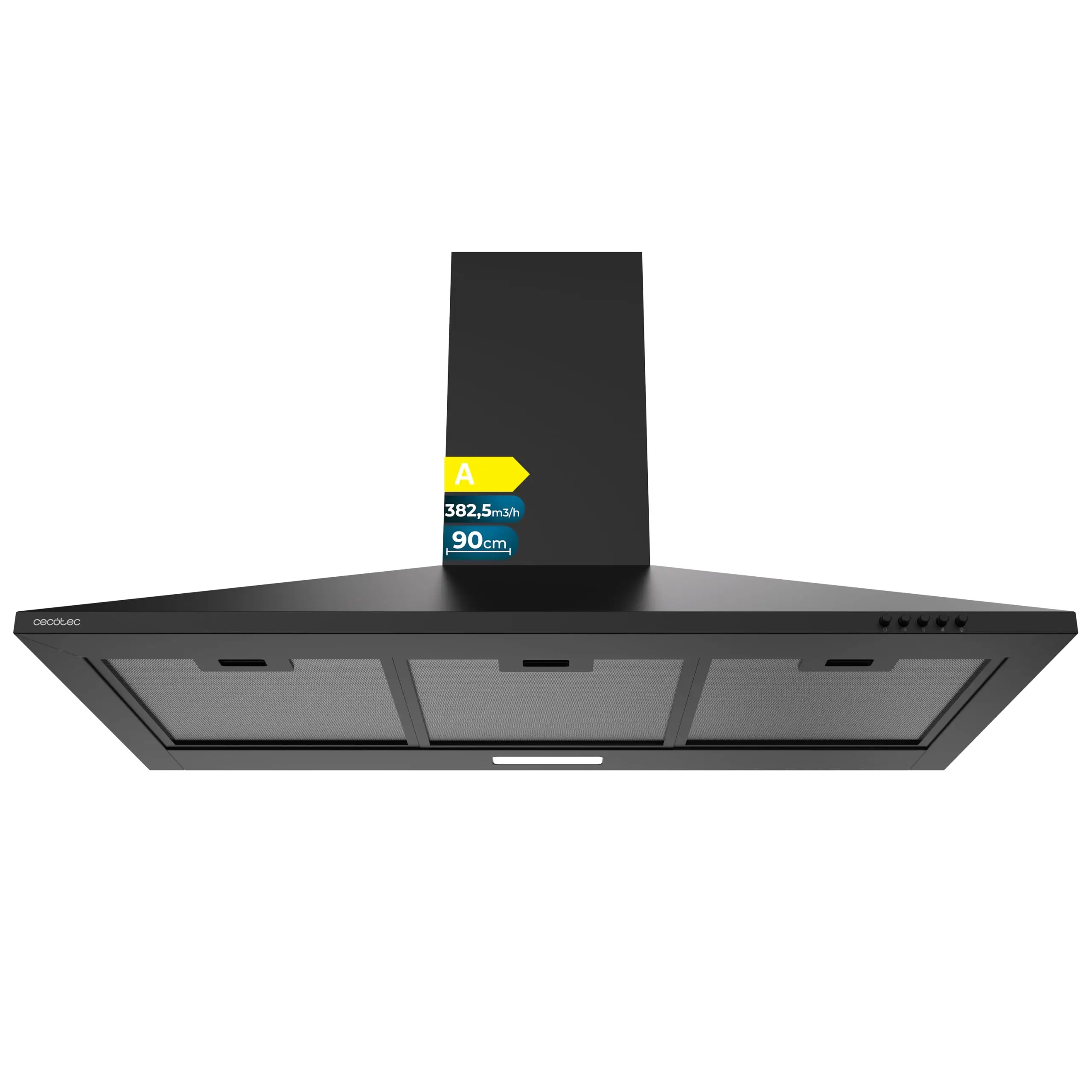 Campana extractora piramidal Cecotec Bolero Flux PM 904000 negro a, 90cm de ancho, acabado negro pintado, motor DC, eficiencia energética clase A, 400 m³/h, luz LED y filtros de carbono incluidos
