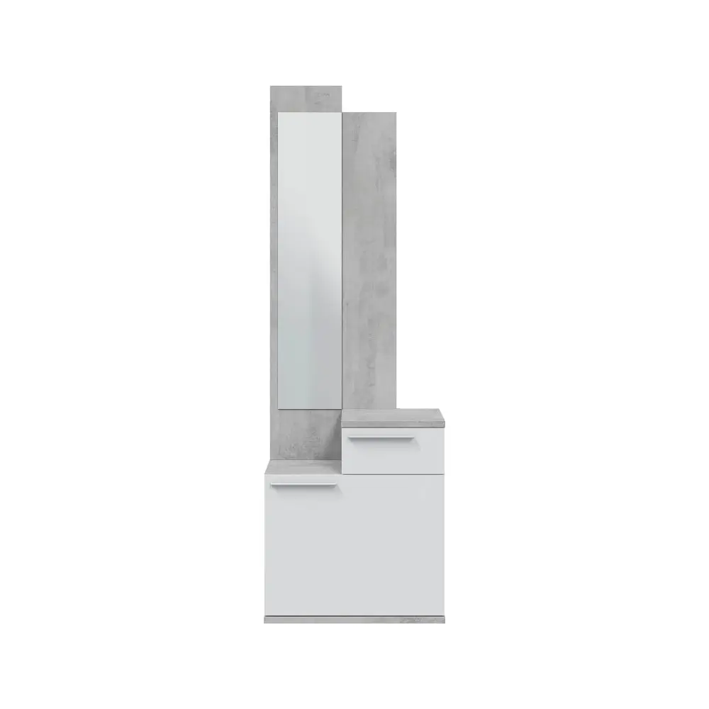 MOBELCENTER - Recibidor Zapatero Karen con Cajón y Espejo, Color Cemento y Blanco Artik, 61x28x185 cm, Ideal para Entrada de Casa (1416)