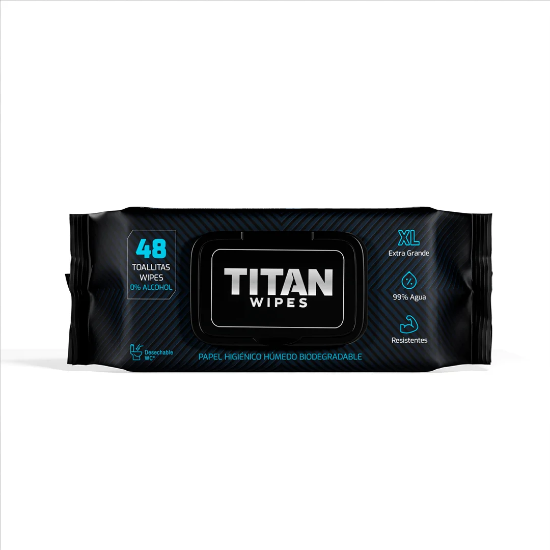 Papel Higiénico Húmedo Biodegradable EXTRA GRANDE Desechable por el WC con Aloe y Vitamina E sin alcohol, Titan Wipes