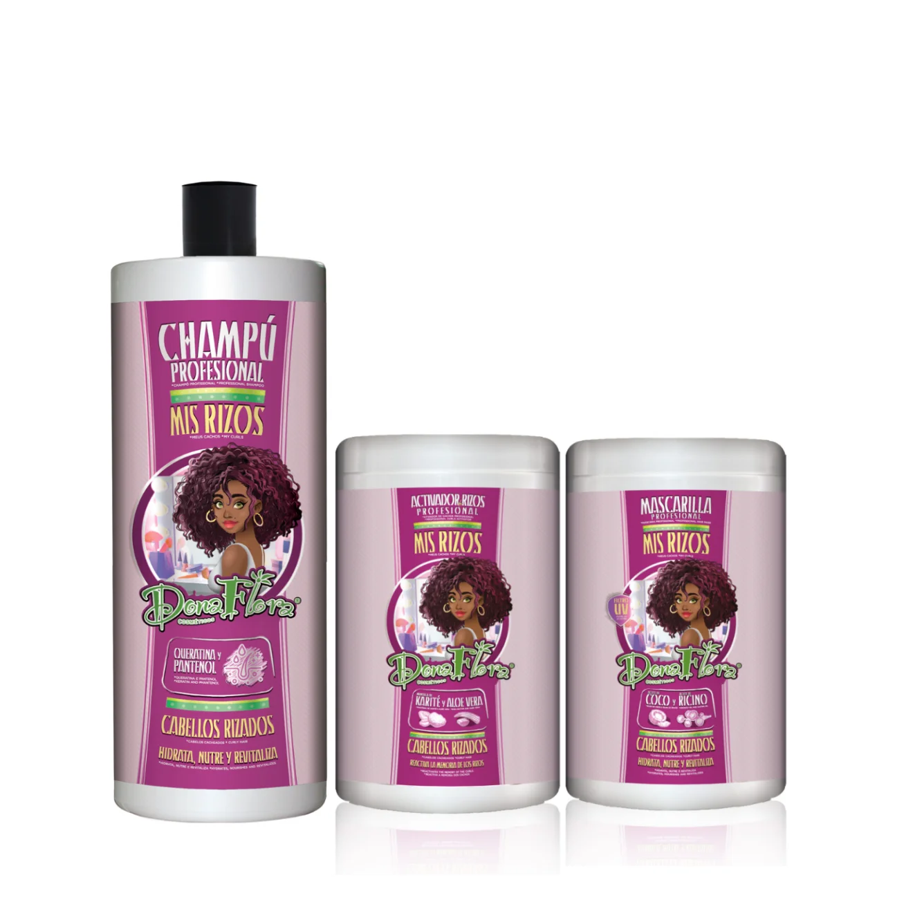 PACK DE DONA FLORA MIS RIZOS CHAMPU 1000 ML+MASCARILLA 1000 ML+ACTIVADOR 1000 ML