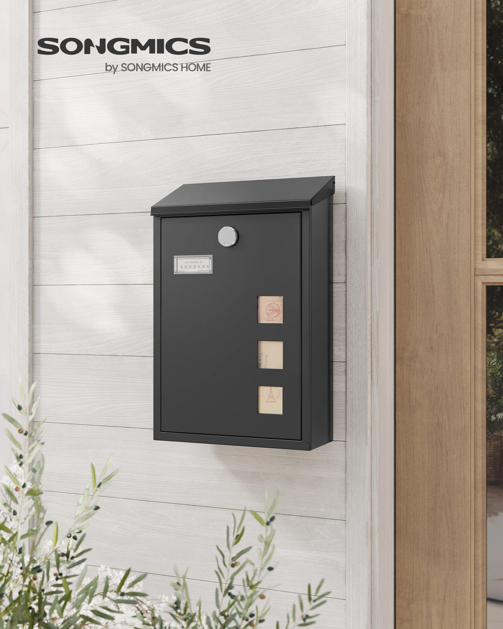 Songmics - modern wall mailbox, with viewing windows, identification plate, lock with copper core, easy to install, black