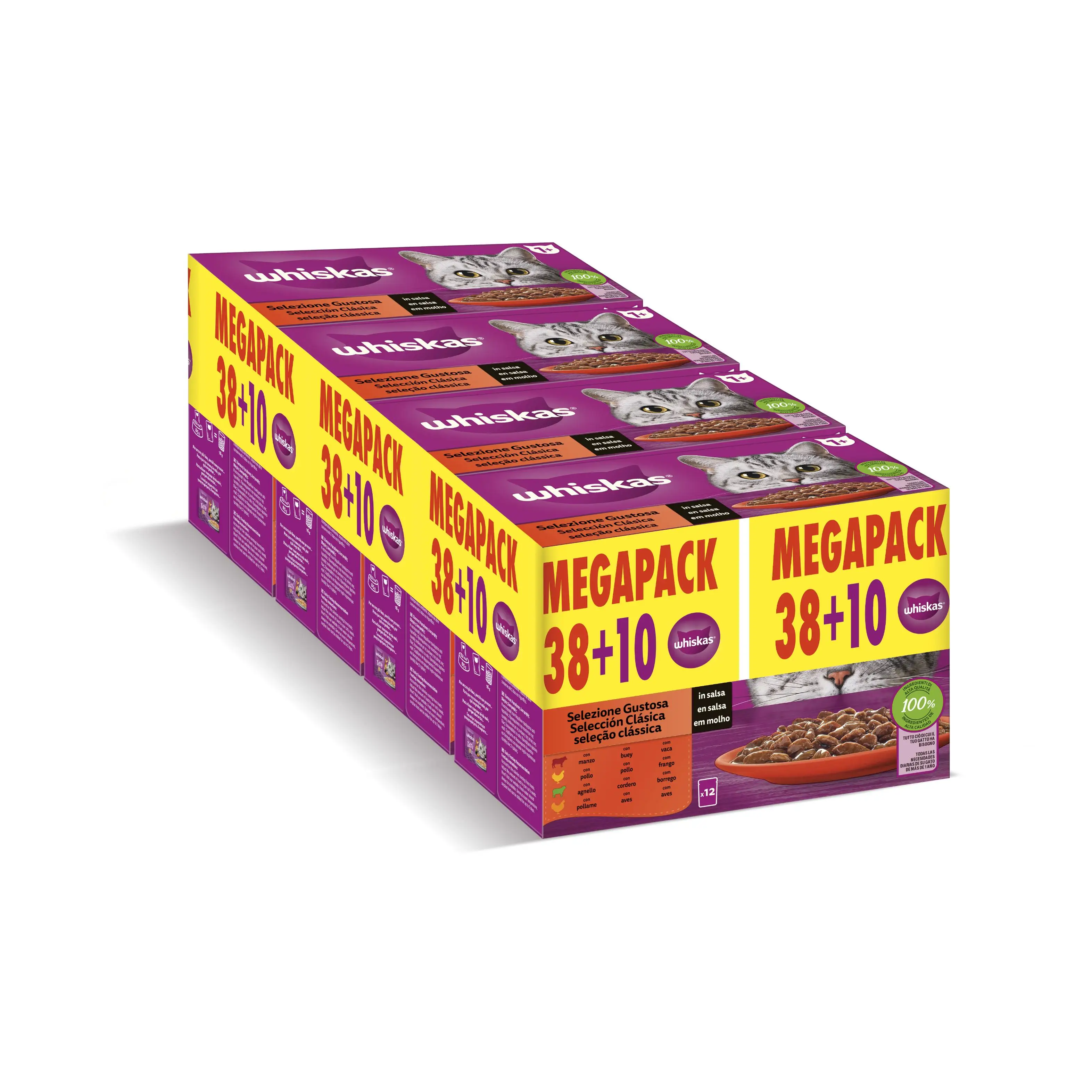 WHISKAS MEGAPACK CORE CARNES CLASICA WHISKAS COMIDA HÚMEDA SELECCIÓN CLÁSICOS EN SALSA PARA GATOS, PACK DE 48 SOBRES DE 85g