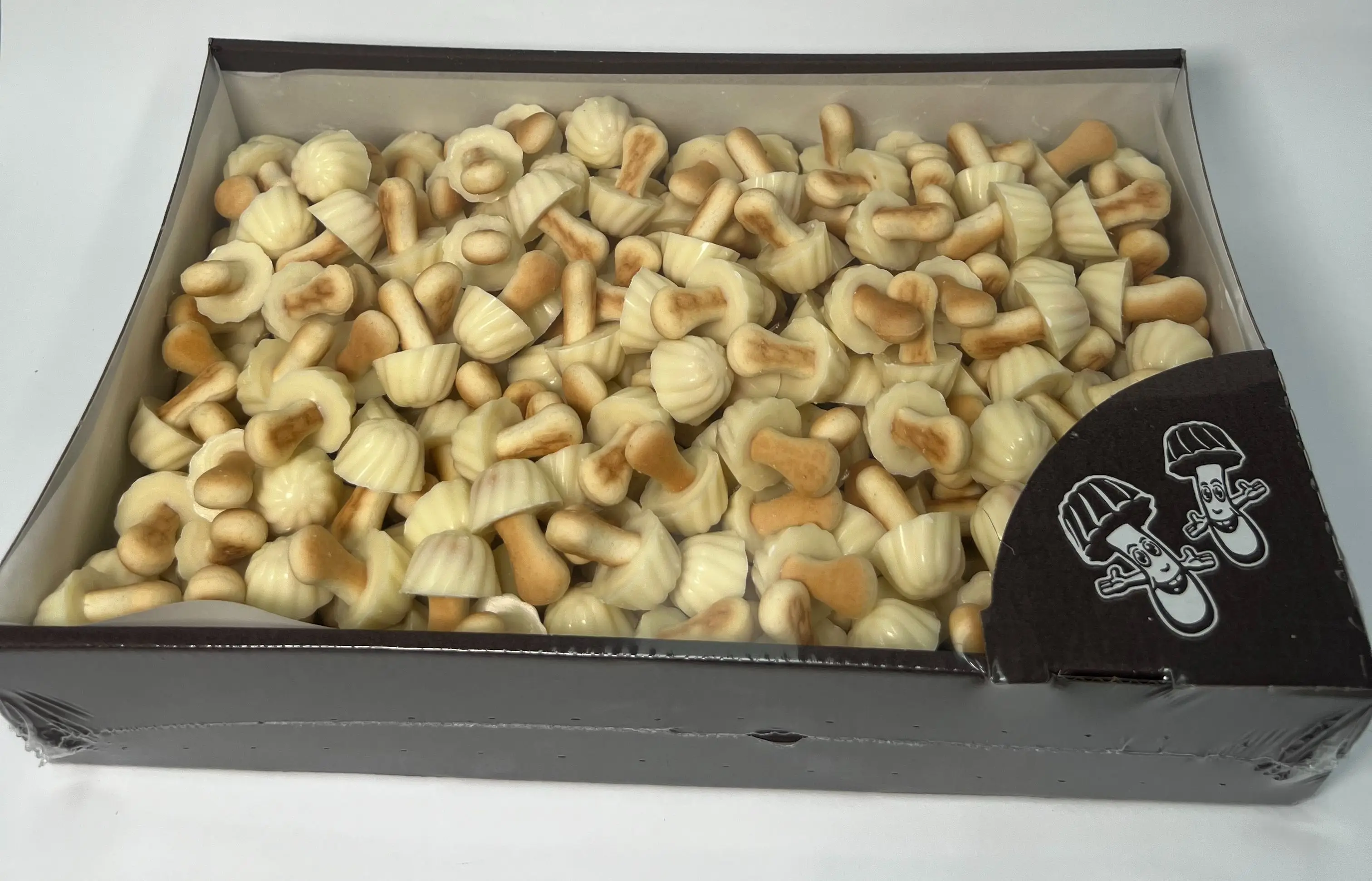 FUNNY MUSHROOMS GALLETAS CON FORMA DE SETITA CON CHOCOLATE BLANCO ESTUCHE 1 KG. (250 piezas) MILTONAS