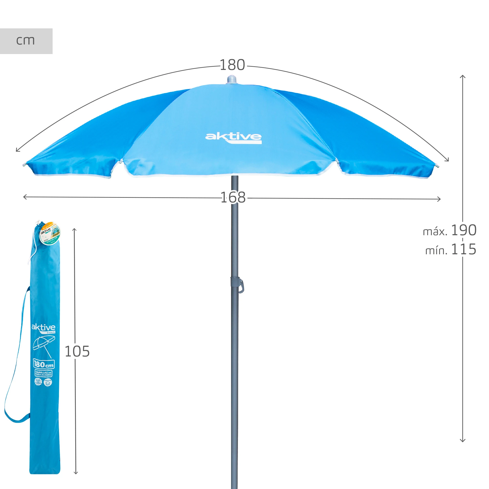 Aktive SINK BEACH Umbrella 180 cm, 200 cm or 220 cm, Max Air, blue, octagonal shape, polyester with UV50 protection and silver lining, 8 rods fiberglass, ø28/32mm Tilt Mast, Includes Cover with Handle, Top Vent