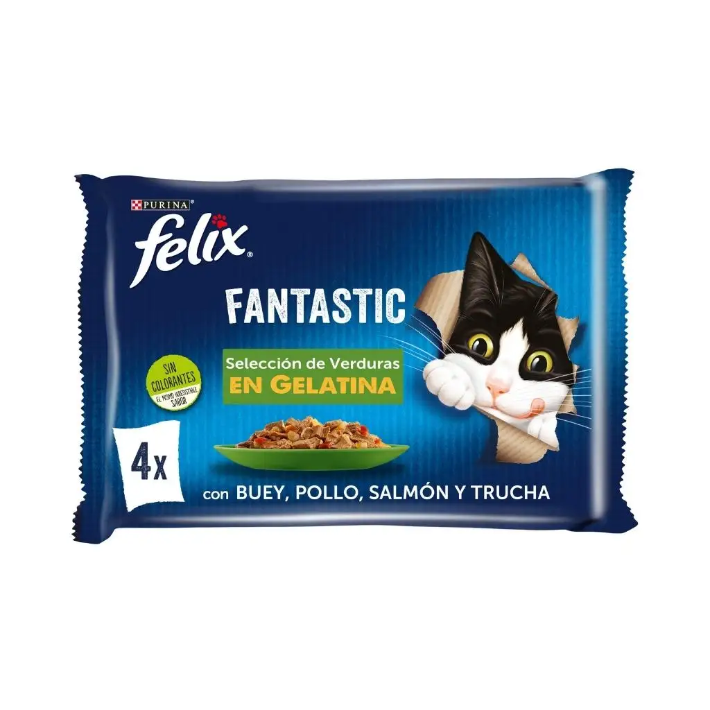 FELIX Fantastic Selección con Verduras en Gelatina (4×85 g) - Alimento Húmedo Completo para Gatos Adultos (Buey y Zanahoria, Pollo y Tomate, Salmón y Calabacín, Trucha y Judías Verdes)