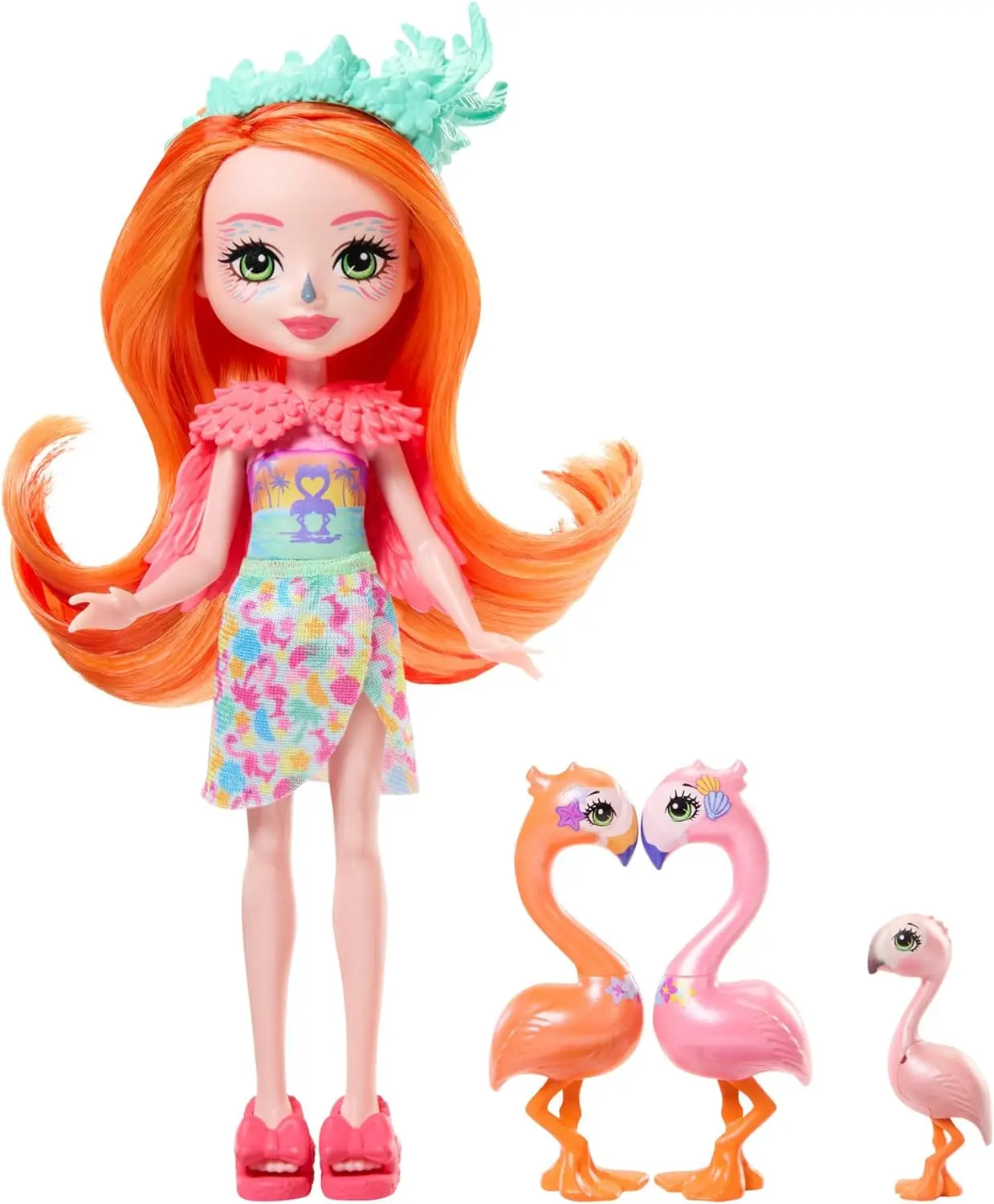 Enchantimals Sunshine Beach doll Florinda Flamingo and family of flamingos pet accessories toy + 4 years (Mattel HRX85)