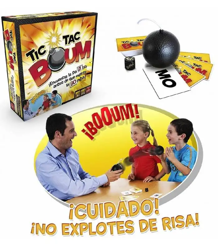 Tic Tac Boum Board Game by Goliath, a fun family game for 2-6 players aged 8+, featuring quick word association and laughter. Requires 2 AAA batteries (not included), measures approximately 26.1 x 8.2 x 26.1 cm, ideal for game nights. #3