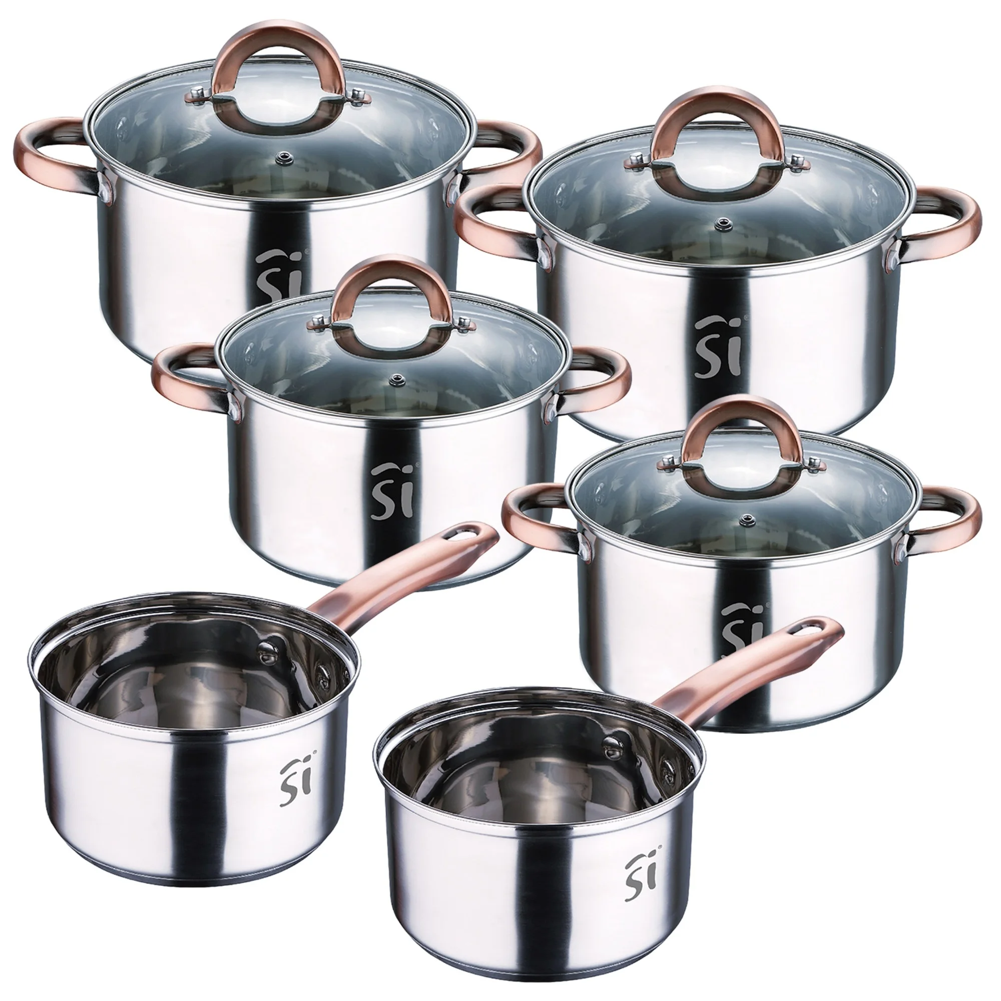 Batería de cocina 10pc en acero inox 2xØ16cm 2xØ18cm 2xØ20cm con tapas San Ignacio