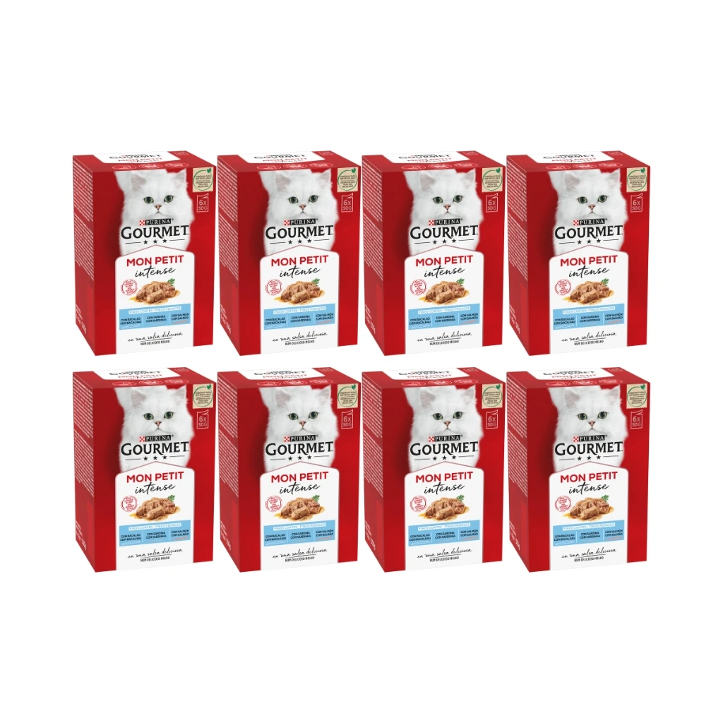 GOURMET - Mon Petit (48x50 gr) - Selección de Pescados (Bacalao, Sardina y Salmón) (8 Cajas de 6x50 gr)
