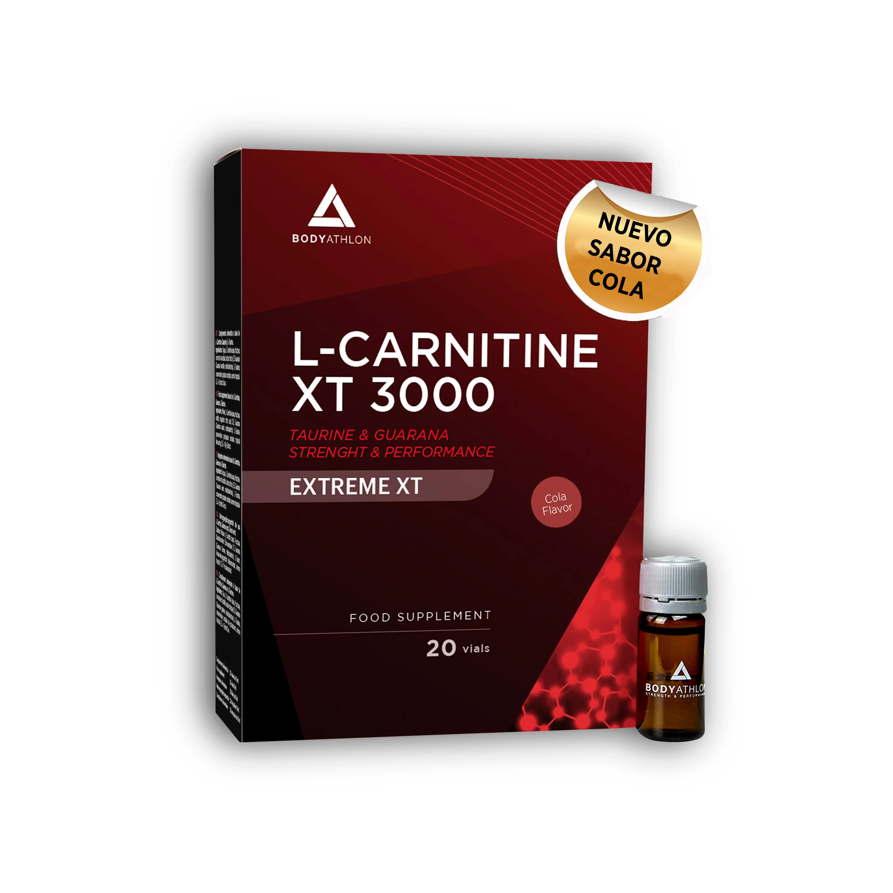 BODYATHLON - L Carnitina 3000 Líquida Extreme XT- Sabor Cola- Con Taurina y Guaraná- Suplemento Deportivo– Alta concentración- 20 Viales (Viales, Cola)
