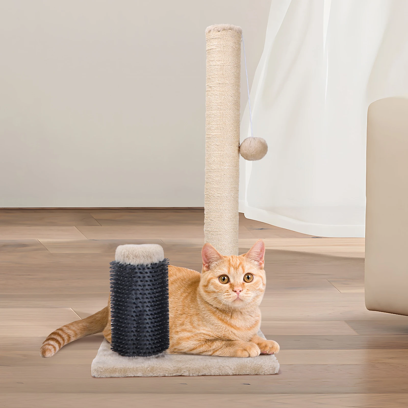 Nobleza - cat scratching post, natural sisal rope with toy balls and silicone comb for cats, 60x30x30cm (beige color) #6