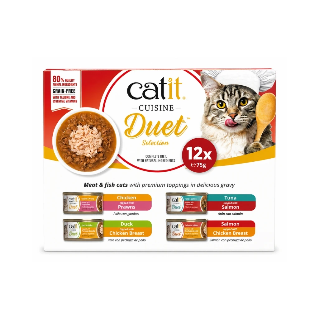 CATIT Cuisine Duet Pack Variado (12x75 gr) - Alimento Húmedo Completo Sin Cereales para Gatos con Trocitos en Salsa y Toppings de Carne o Marisco (Pollo con Gambas, Pato con Pollo, Atún con Salmón ó