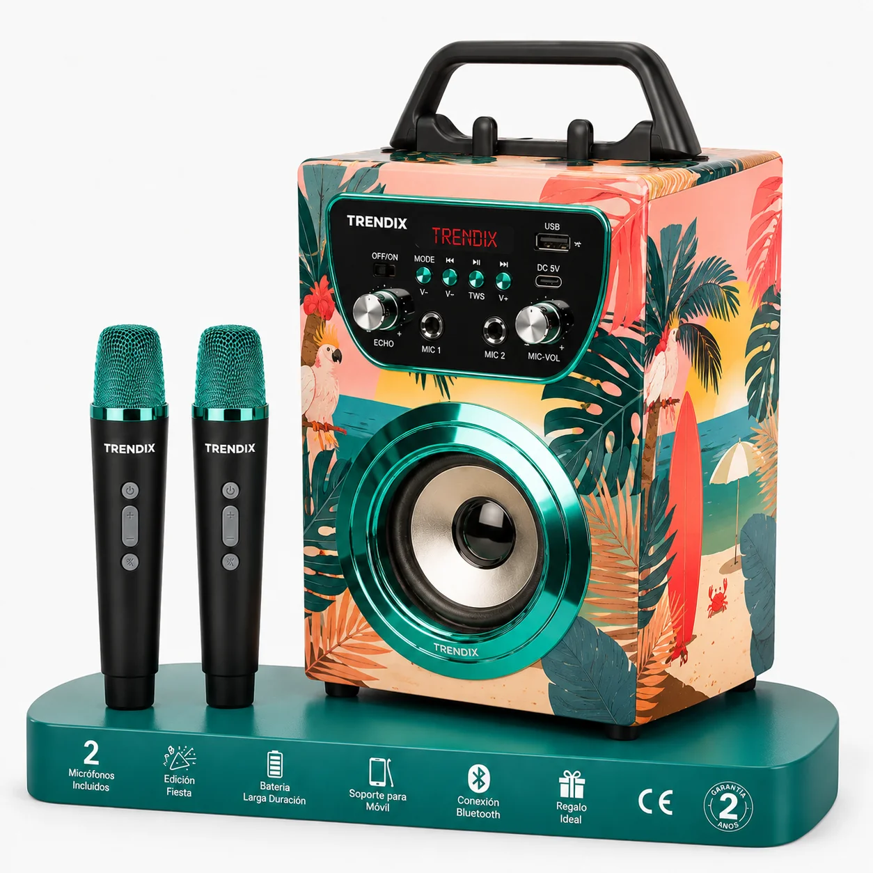 Karaoke 2 Microfonos Inalambricos Tropical Vibes - Trendix | Karaoke Infantil | Altavoz con Microfono | Altavoz Bluetooth con Microfono Y Radio FM | Juguetes para Niñas | Regalo Niña 10 Años