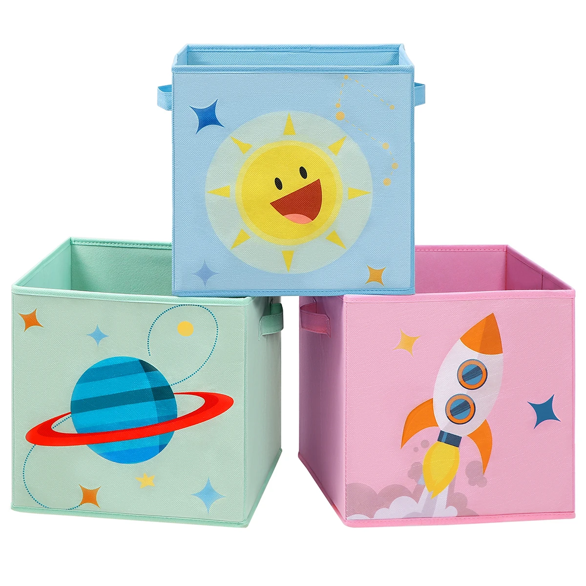 SONGMICS Cajas de Almacenaje, Juego de 3, Organizadoras de Juguetes, Cubos Plegables con Asas, para Habitación de Niños, Sala de Juegos, 30 x 30 x 30 cm, Tema del Espacio, Azul, Verde y Rosa