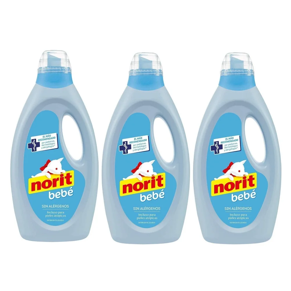 Norit Bebé 1.125ml 32 Lavados (Pack 3 uds) - Detergente Líquido, Neutro e Hipoalergénico, Especial para la ropa del bebé incluso con pieles atópicas, Uso a Mano o a Máquina, Agradable perfume sin necesidad de suavizante