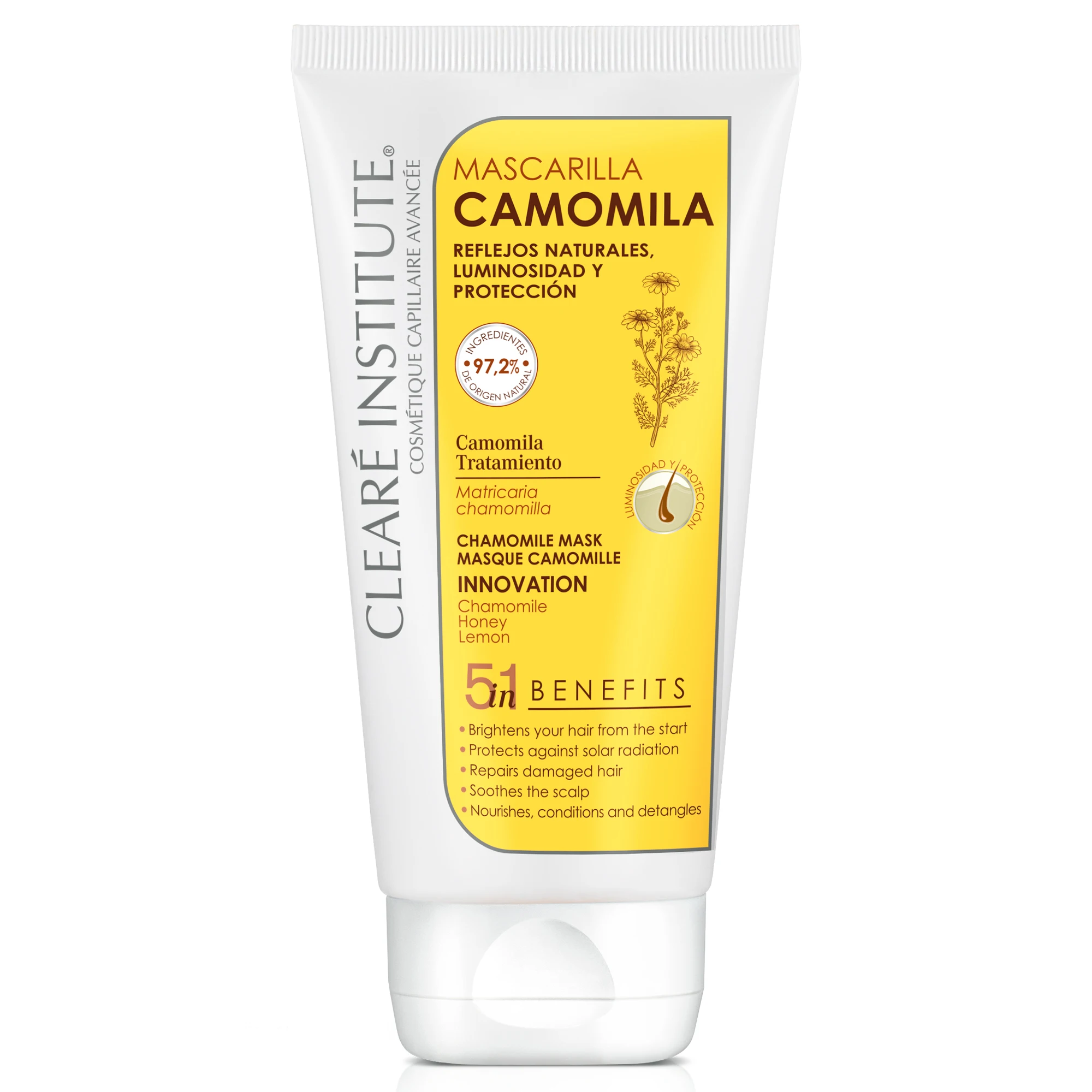 Clearé Institute - Mascarilla Camomila Natural | Sin Sulfatos SLS, SLES, Parabenos y Siliconas | Nutre y Aclara el Pelo Rubio y Castaño| Niños y Adultos | 95% Ingredientes Naturales | 150 ml