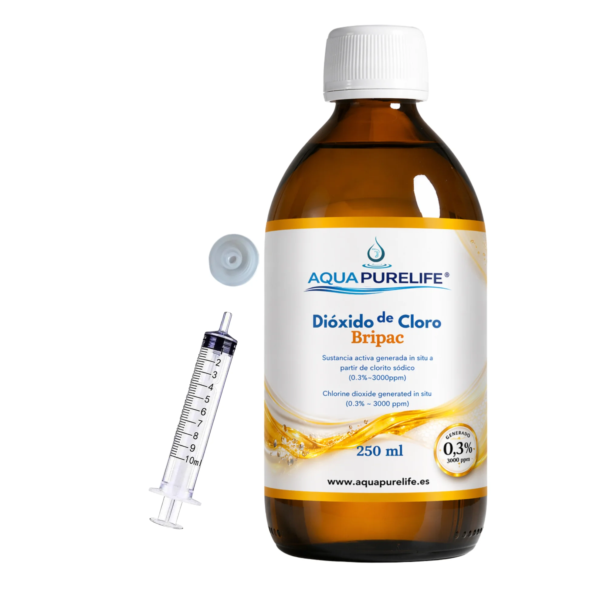 AQUAPURELIFE Dióxido de cloro CDS · 3000 ppm (0,3%) · Solución activada · Vidrio ámbar · Jeringuilla dosificadora y adaptador incluidos