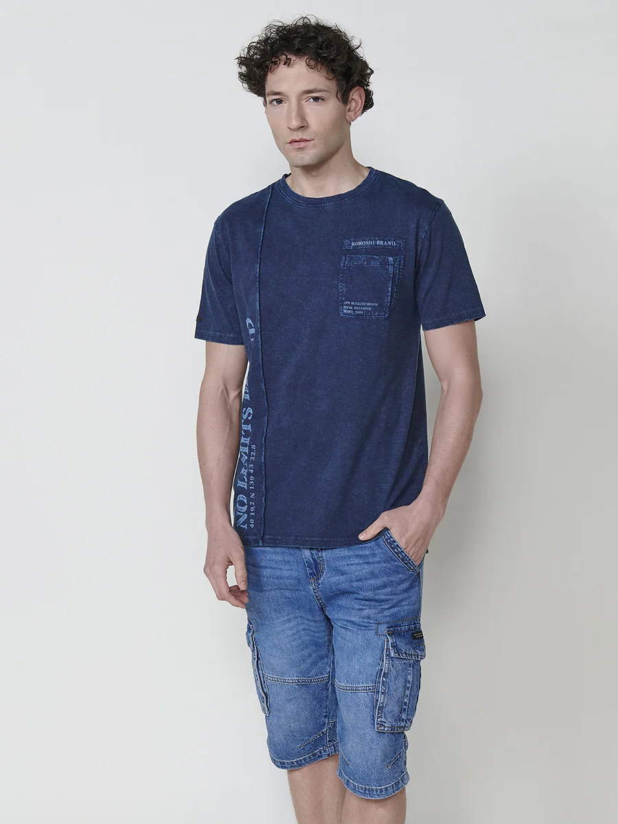 Koroshi - Camiseta hombre manga corta cuello redondo estampada Índigo Koroshi Índigo, 100% algodón con efecto lavado para look urbano casual