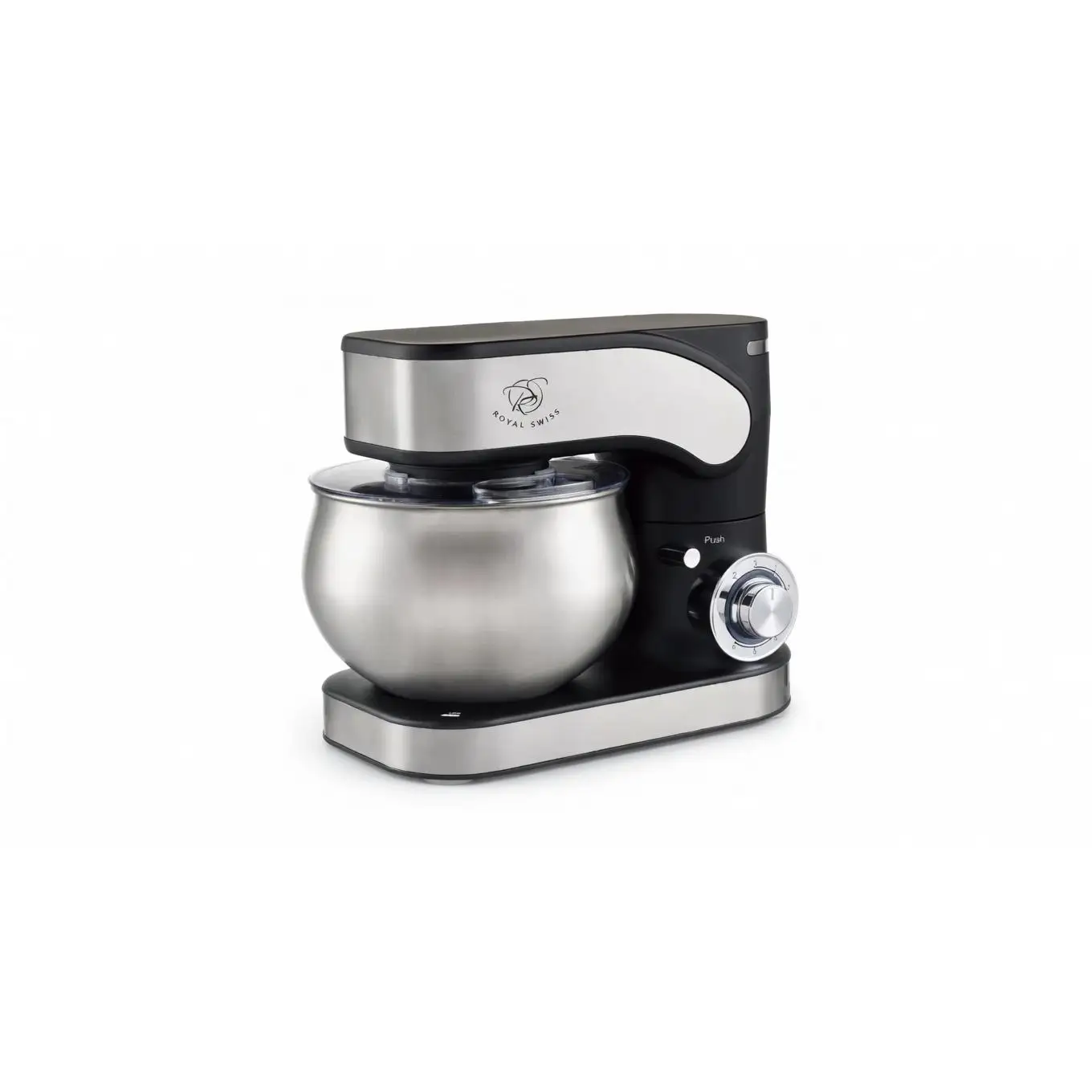Amasadora Royal Swiss 1300W con bol 5L, 6 velocidades y función pulso, batidor y gancho para masa