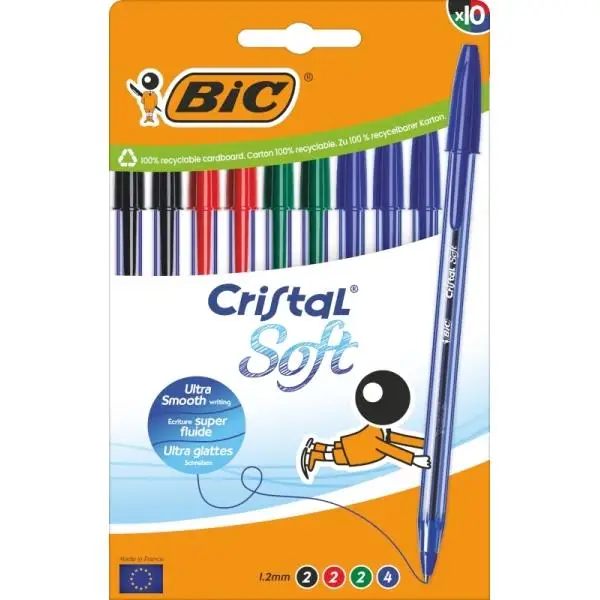 Bic cristal soft pack de 10 boligrafos de bola - punta media de 1.2mm - trazo 0.45mm - escritura mas fluida - colores surtidos