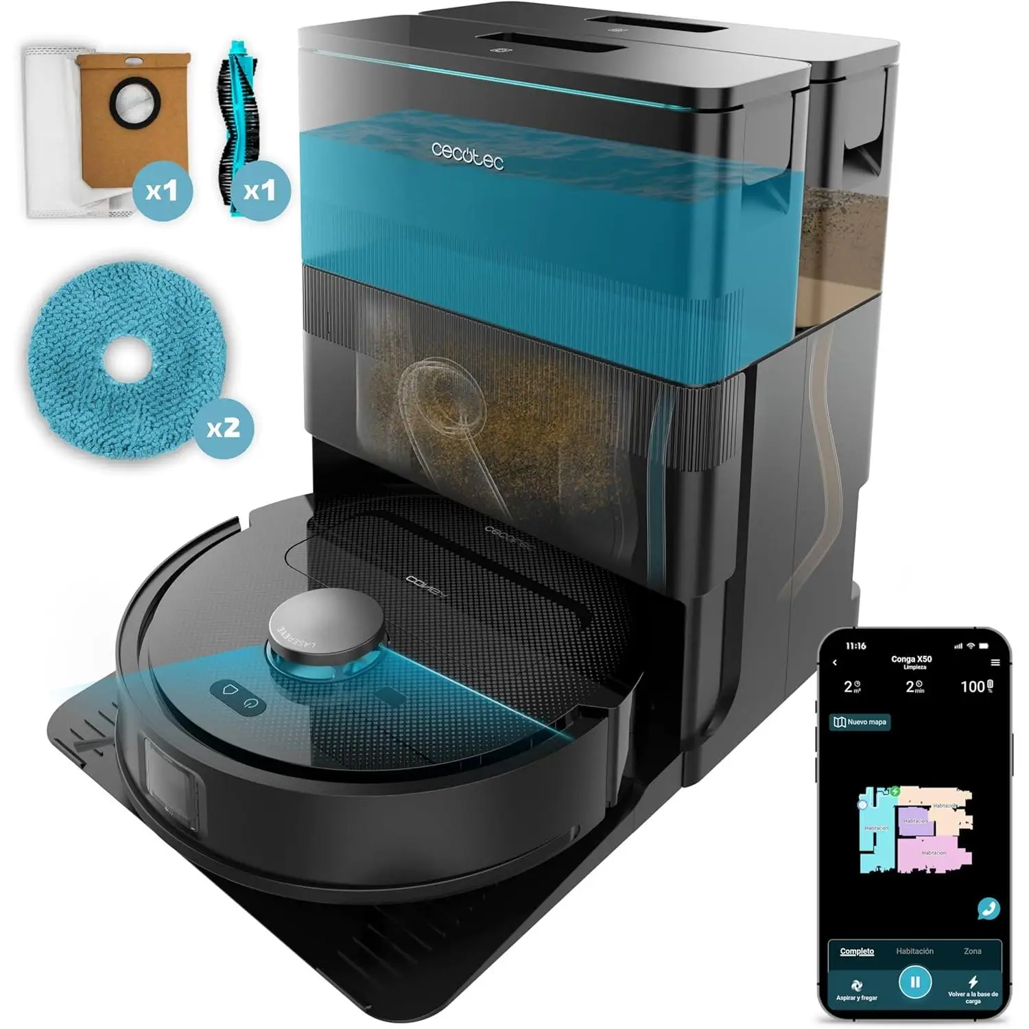 Cecotec Robot Aspirador y Friegasuelos con IA y Base Autovaciado Conga X70. Motor de Succión 15000Pa, Base 4 en 1, Tecnología Láser, Mopas Giratorias, Cepillo Lateral, App y Bluetooth